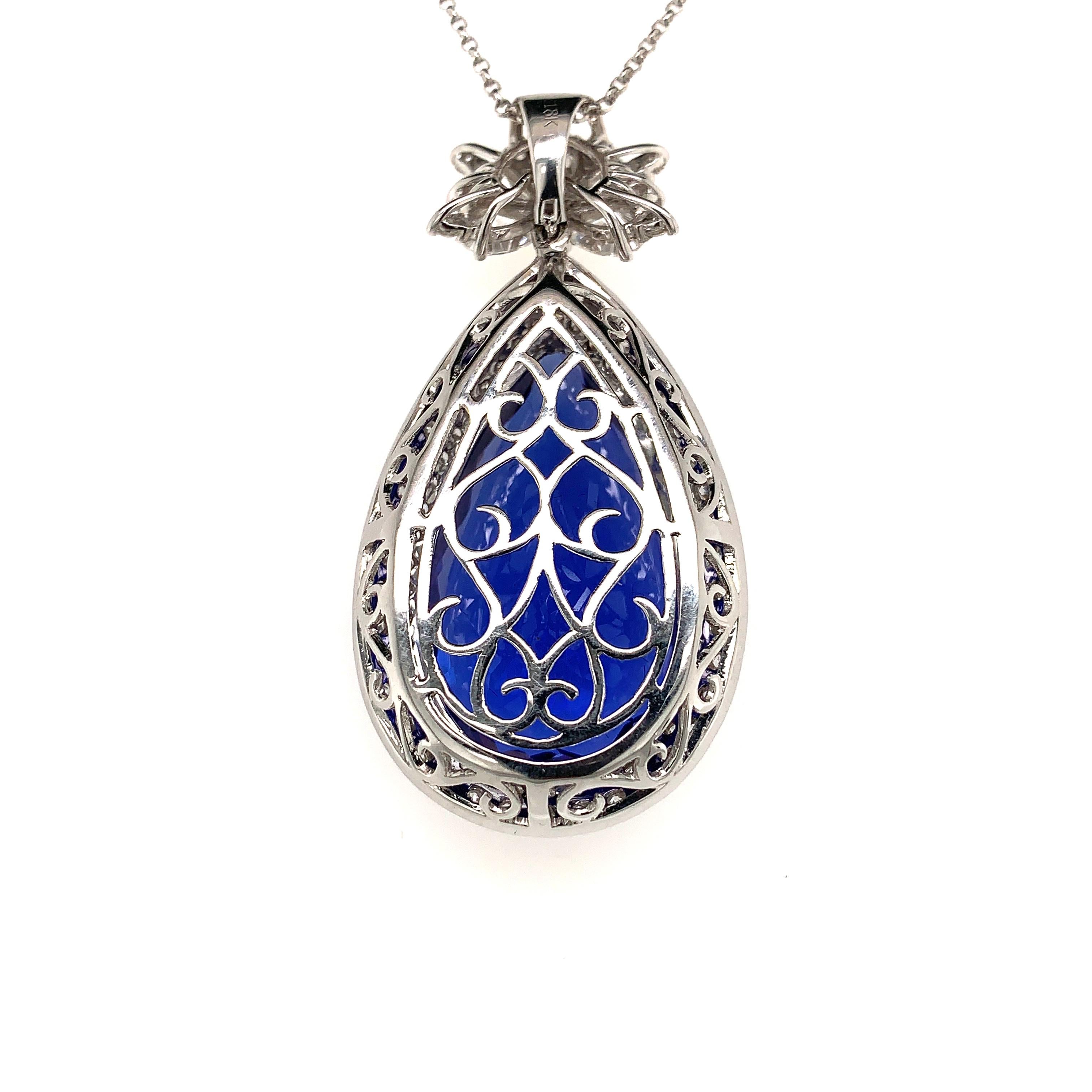 24.06 Carat Pear Shaped Tanzanite Pendant in 18 Karat White Gold with Diamonds In New Condition In Hong Kong, HK