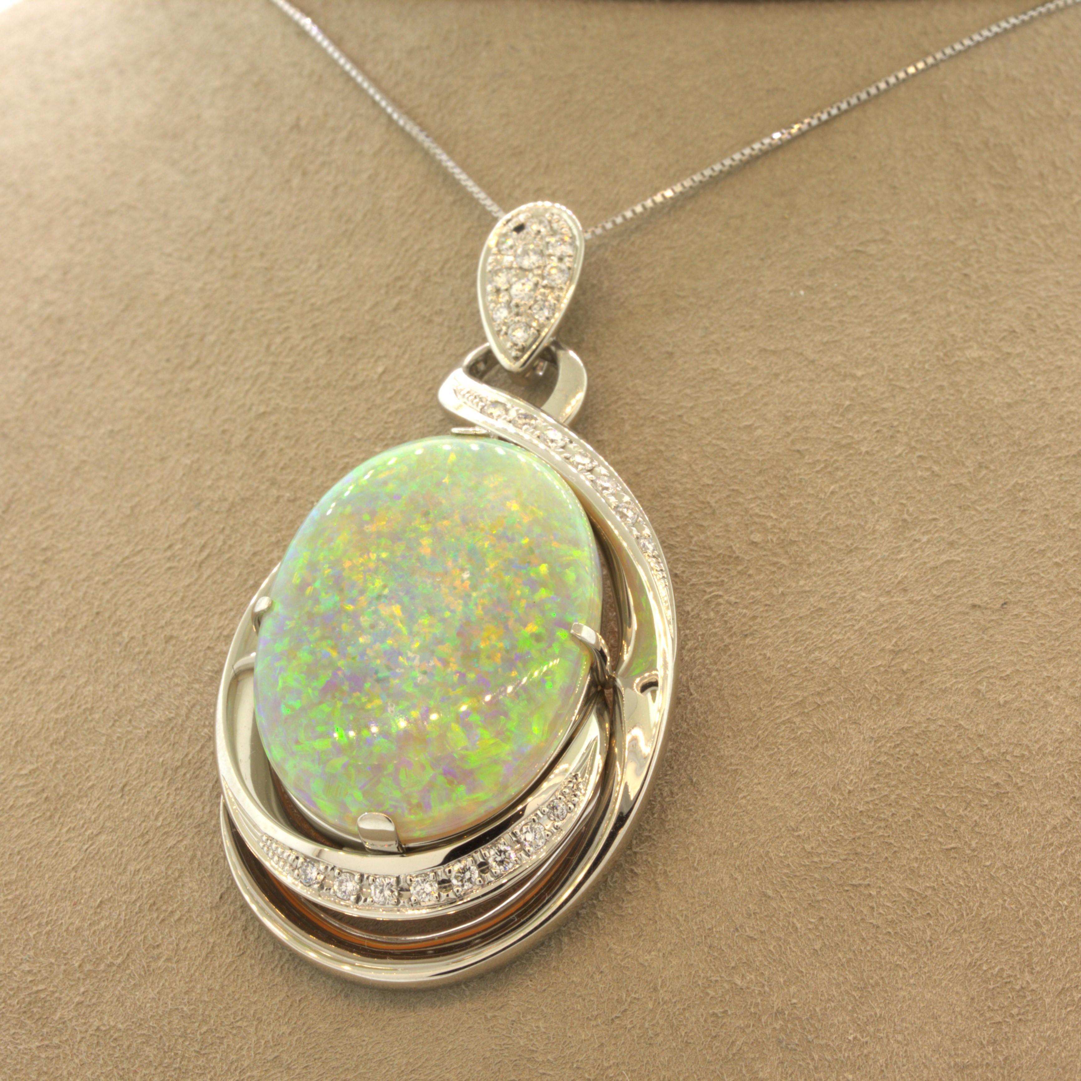 24.08 Carat Australian Opal Diamond Platinum Pendant For Sale 1