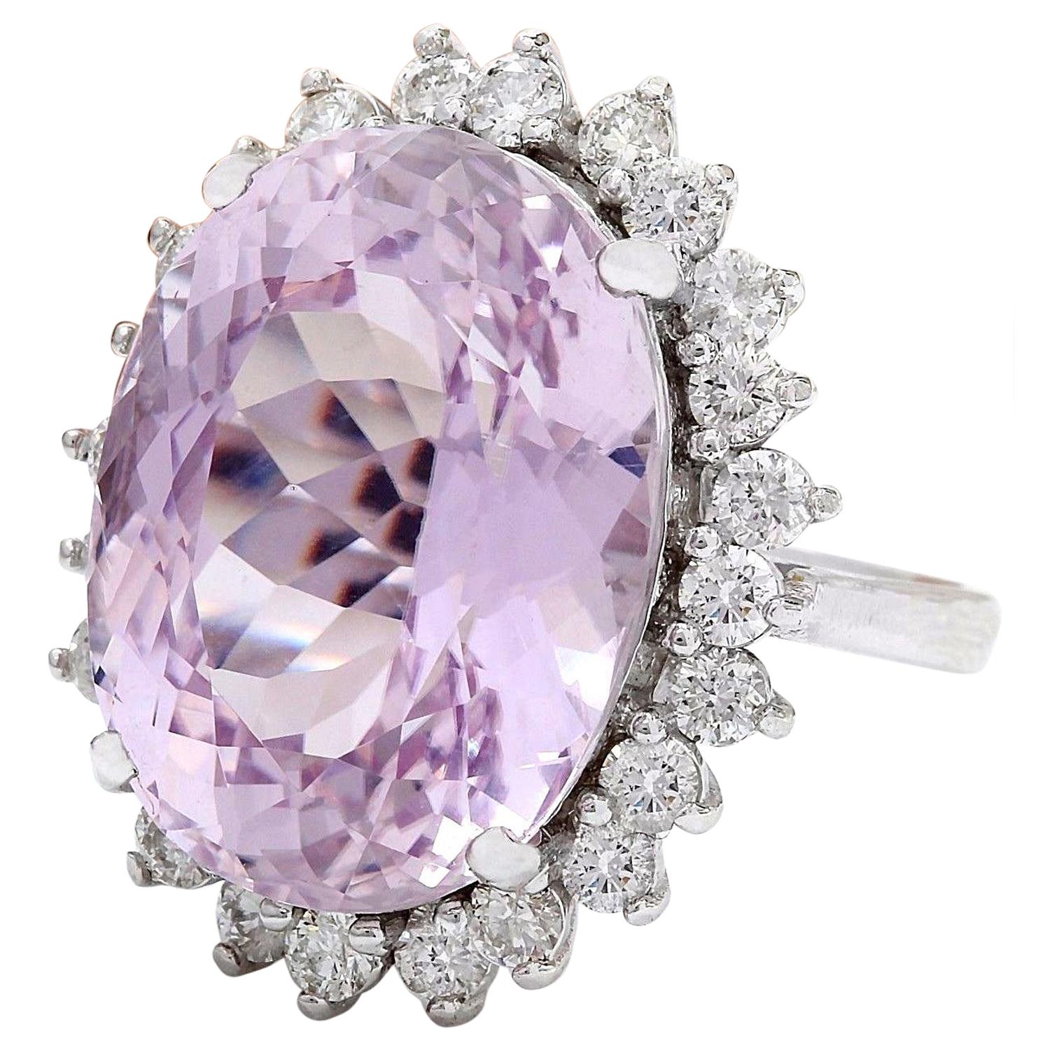 24.08 Carat Natural Kunzite 14K Solid White Gold Diamond Ring
 Item Type: Ring
 Item Style: Cocktail
 Material: 14K White Gold
 Mainstone: Kunzite
 Stone Color: Pink
 Stone Weight: 22.58 Carat
 Stone Shape: Oval
 Stone Quantity: 1
 Stone Dimensions: