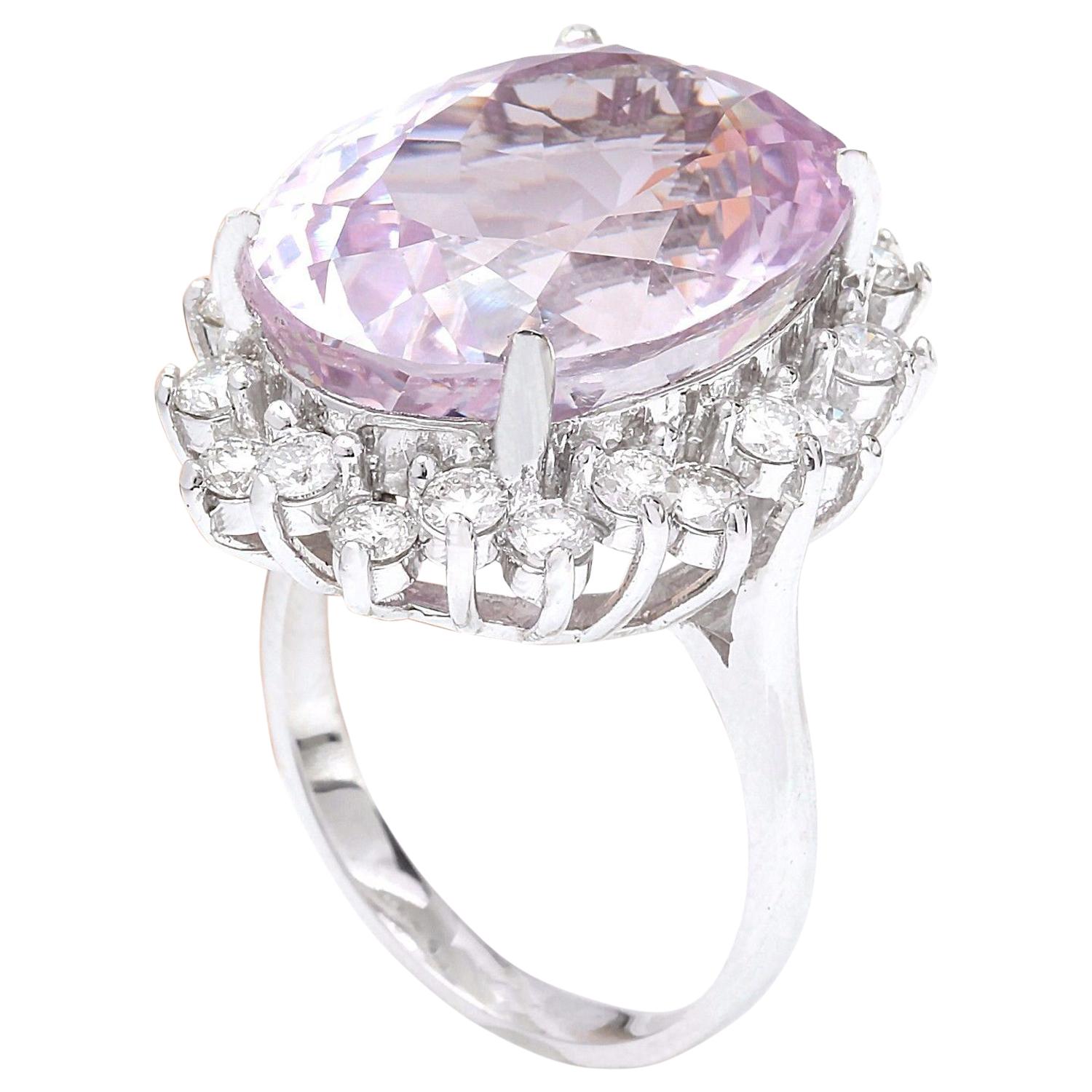 Natural Kunzite Diamond Ring in 14 Karat Solid White Gold  In New Condition For Sale In Los Angeles, CA