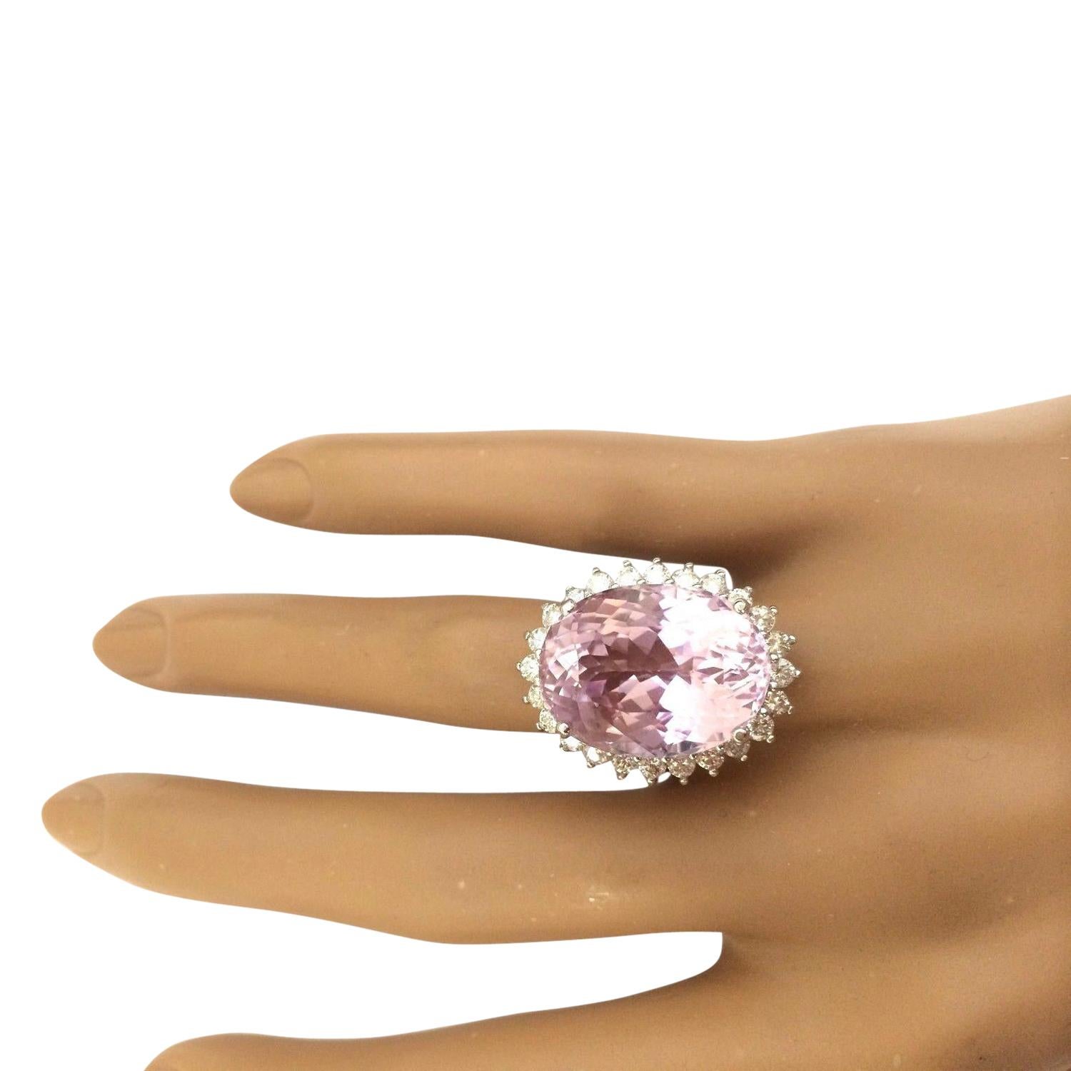 Women's Natural Kunzite Diamond Ring in 14 Karat Solid White Gold  For Sale