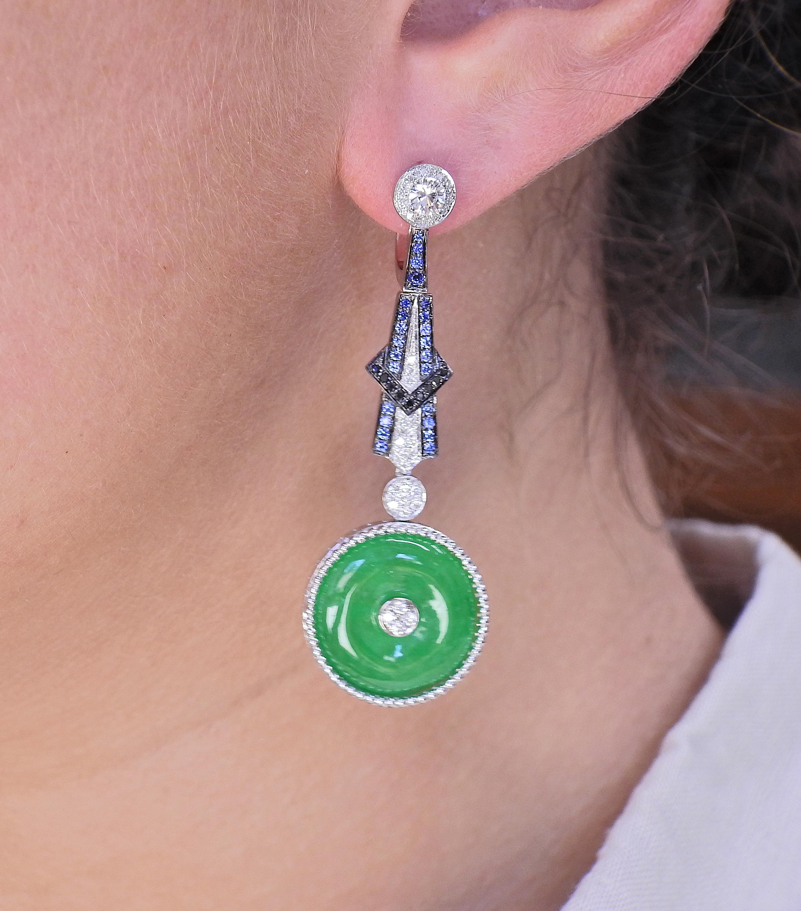 24.08ctw Jadeite Jade Sapphire Diamond Gold Drop Earrings In Excellent Condition For Sale In New York, NY