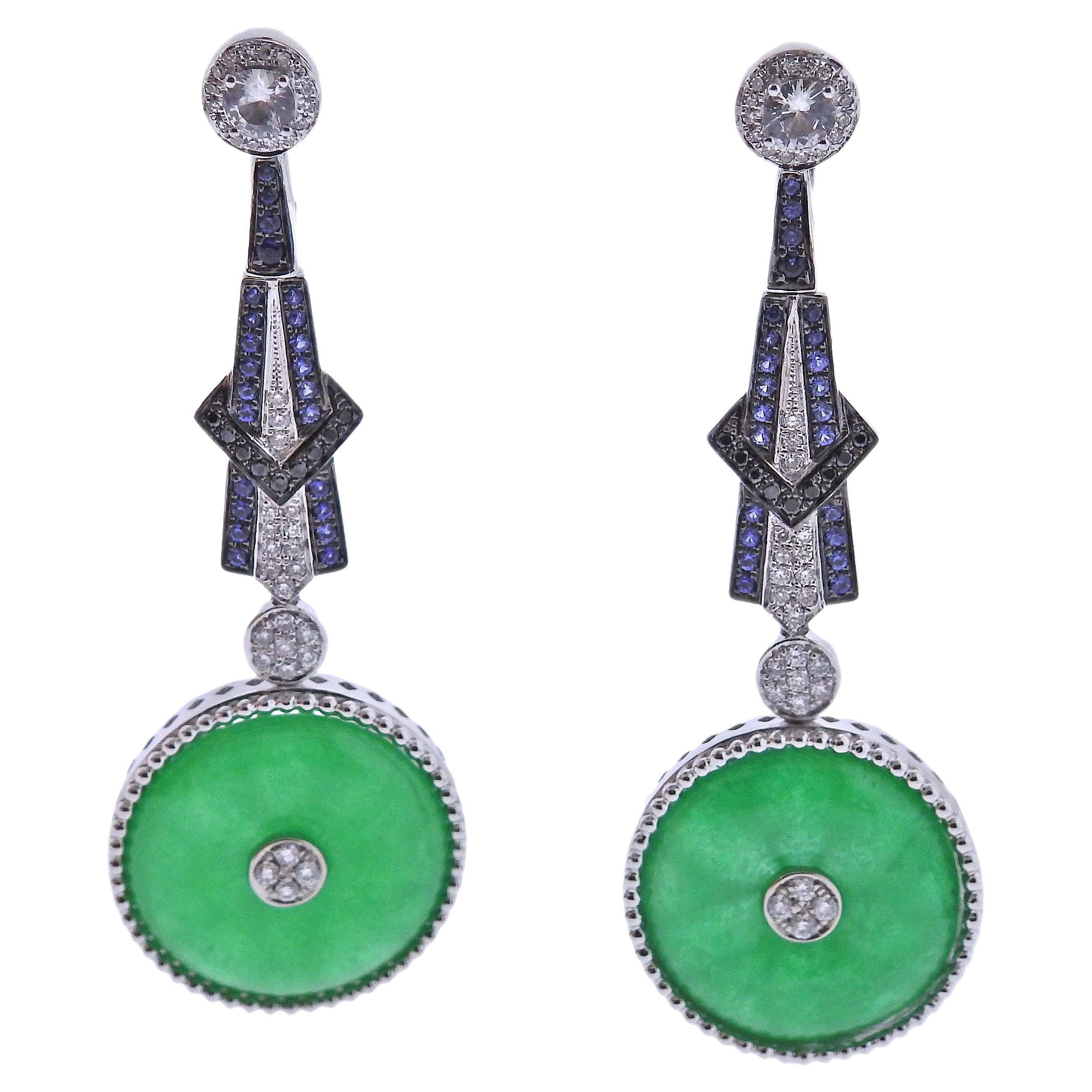 24.08ctw Jadeite Jade Sapphire Diamond Gold Drop Earrings For Sale