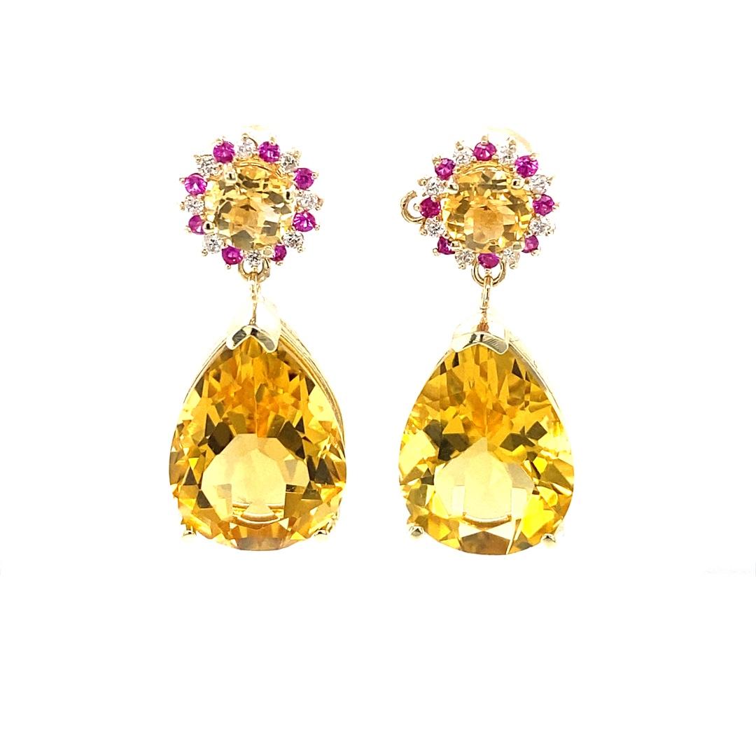 Contemporary 24.09 Carat Pear Cut Citrine Pink Sapphire Diamond Yellow Gold Drop Earrings For Sale
