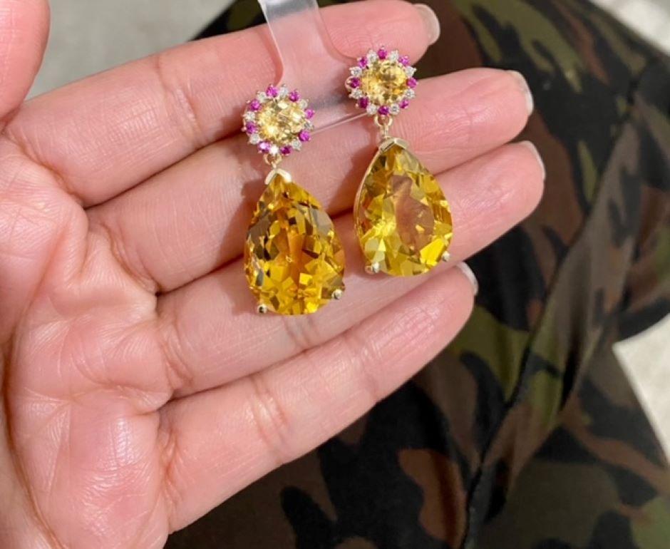 24.09 Carat Pear Cut Citrine Pink Sapphire Diamond Yellow Gold Drop Earrings In New Condition For Sale In Los Angeles, CA
