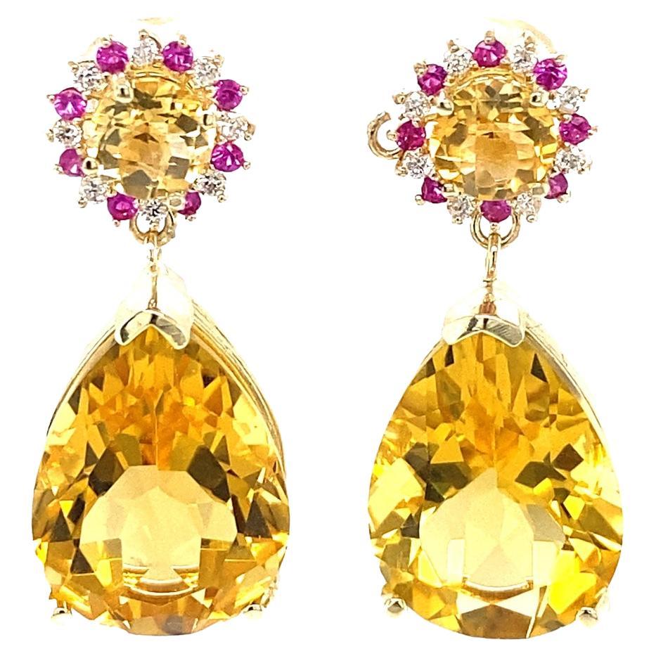 24.09 Carat Pear Cut Citrine Pink Sapphire Diamond Yellow Gold Drop Earrings