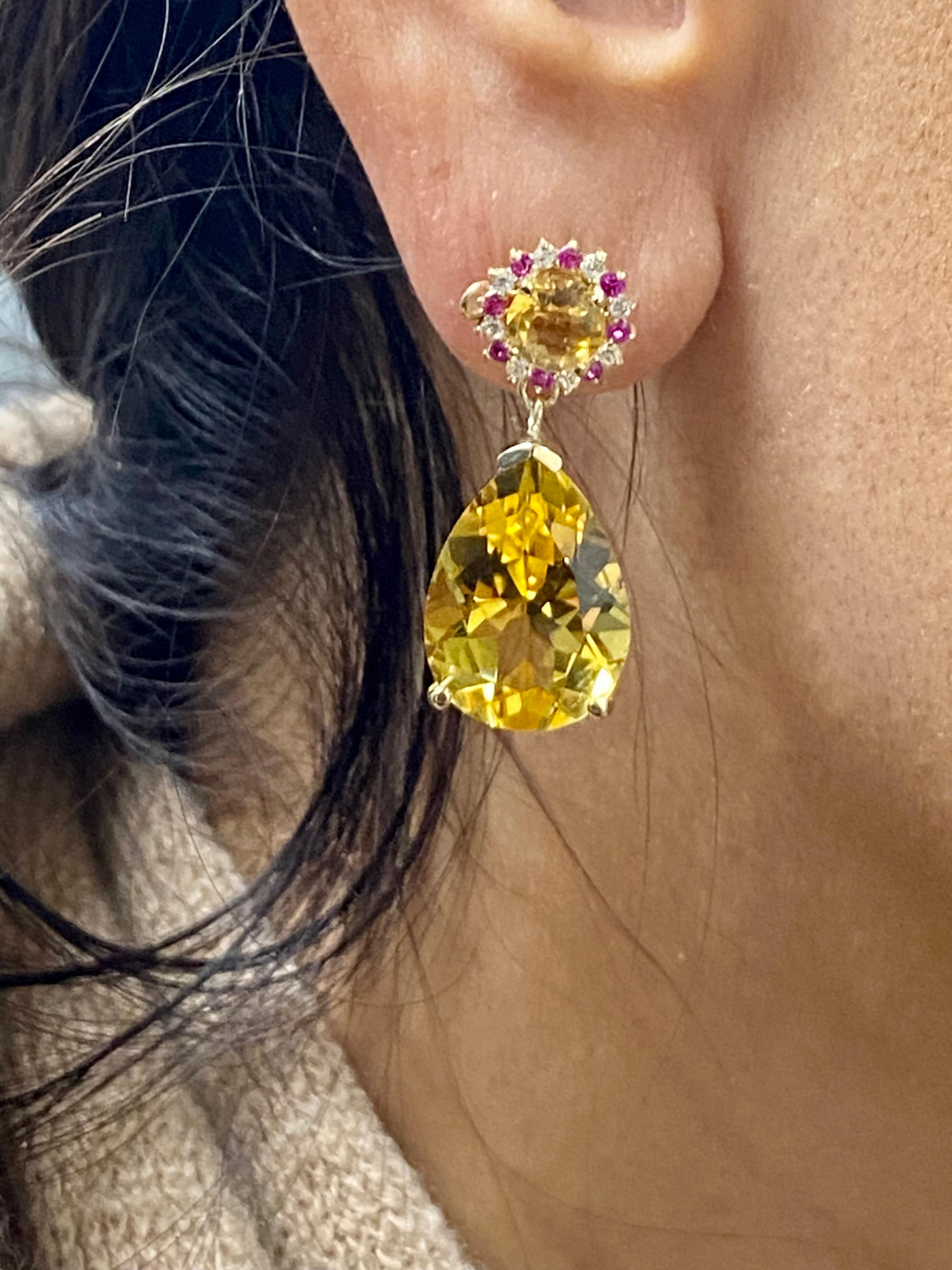 24.09 Carat Pear Cut Citrine Pink Sapphire Diamond Yellow Gold Drop Earrings For Sale 1