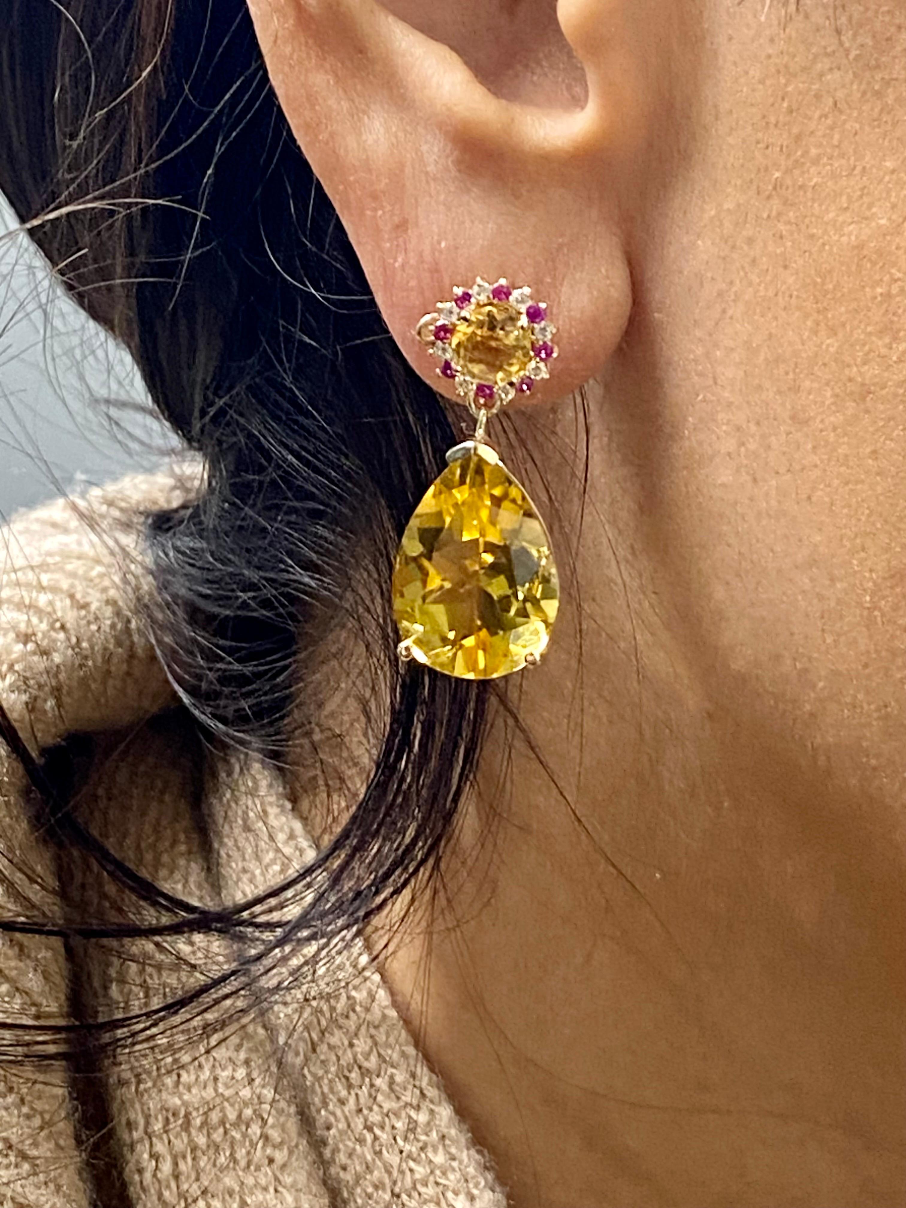 24.09 Carat Pear Cut Citrine Pink Sapphire Diamond Yellow Gold Drop Earrings For Sale 2