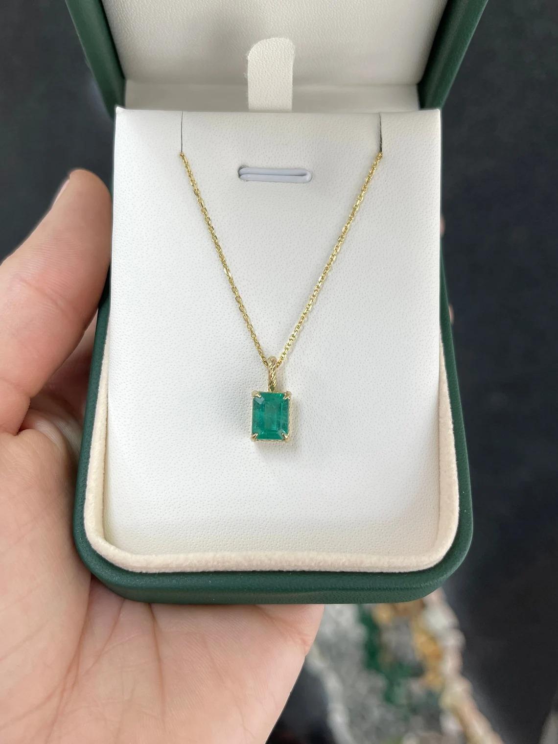 Modern 2.40ct 14K Natural Emerald Cut Emerald Solitaire Four Prong Vertical Pendant  For Sale