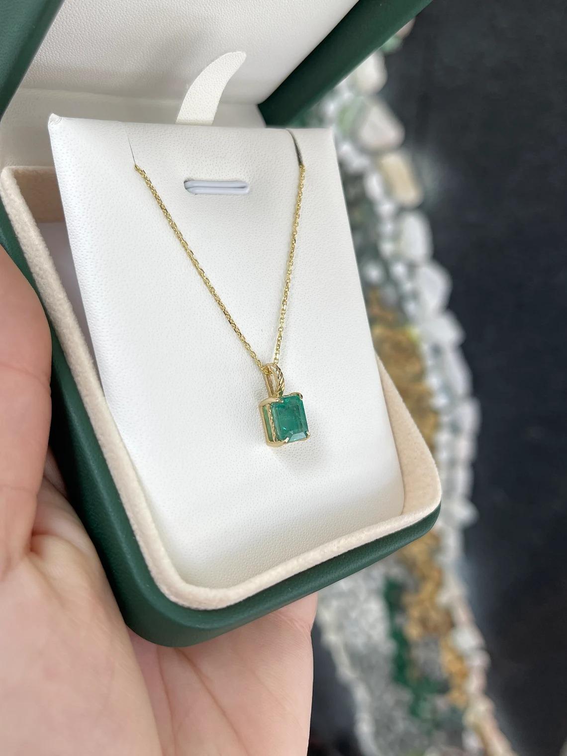 2.40ct 14K Natural Emerald Cut Emerald Solitaire Four Prong Vertical Pendant  In New Condition For Sale In Jupiter, FL