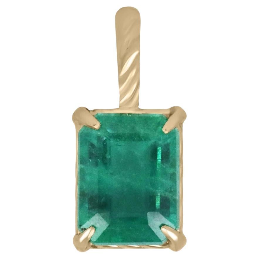 2.40ct 14K Natural Emerald Cut Emerald Solitaire Four Prong Vertical Pendant  For Sale