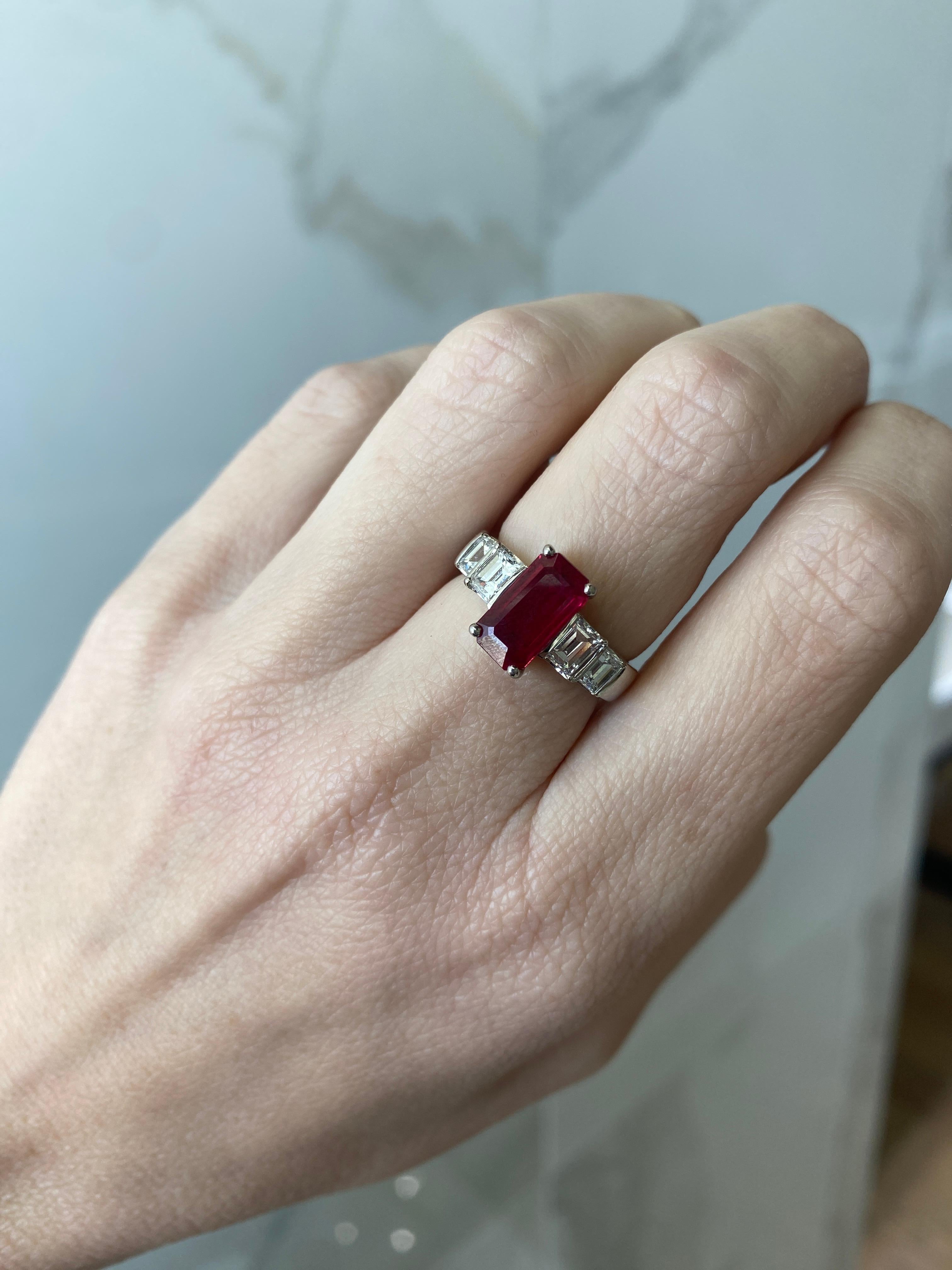 2.40ct Burma Emerald Cut Ruby with 1.30ctw in Emerald Cut Diamond Accents Ring For Sale 4