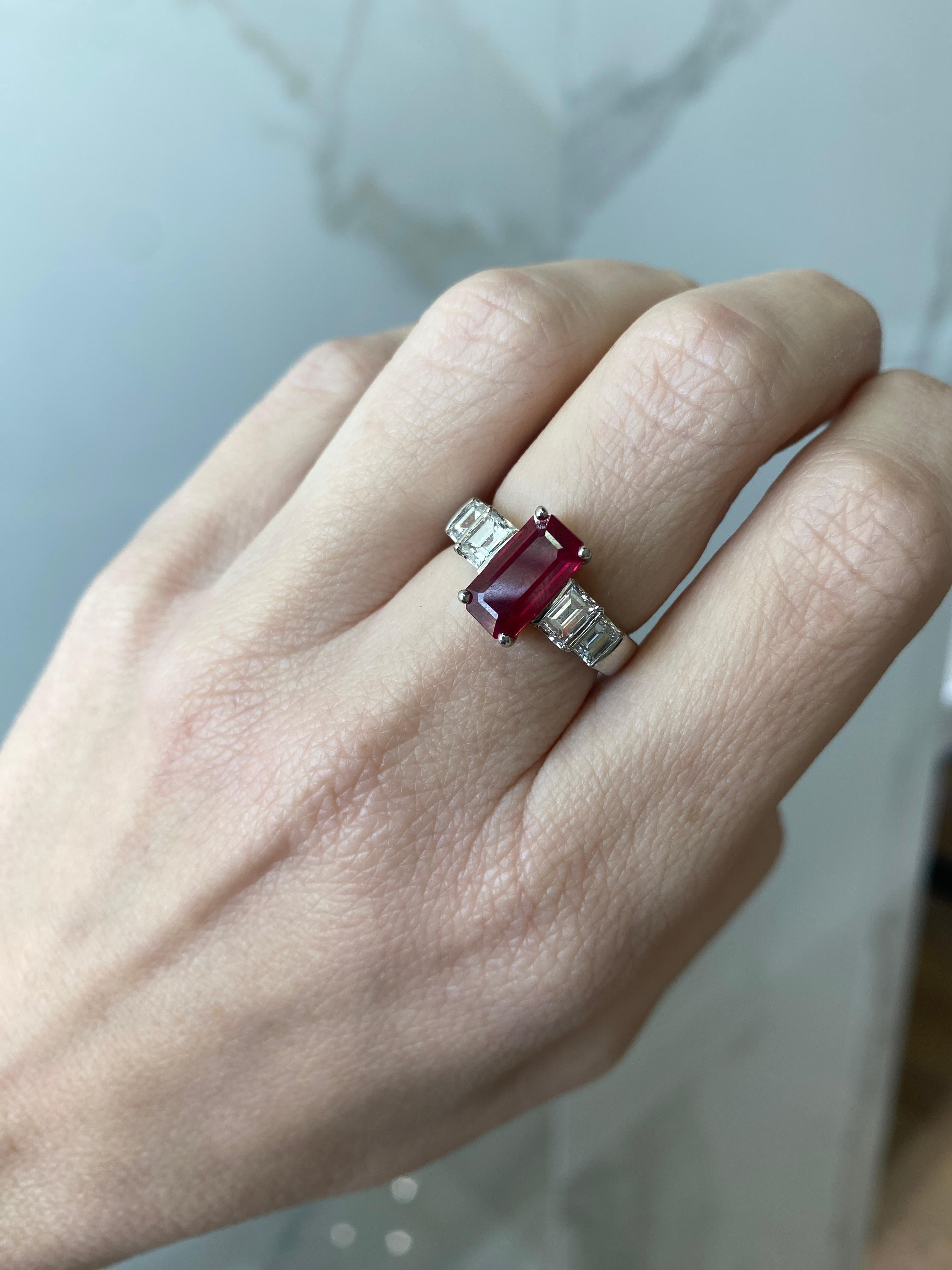 2.40ct Burma Emerald Cut Ruby with 1.30ctw in Emerald Cut Diamond Accents Ring For Sale 5