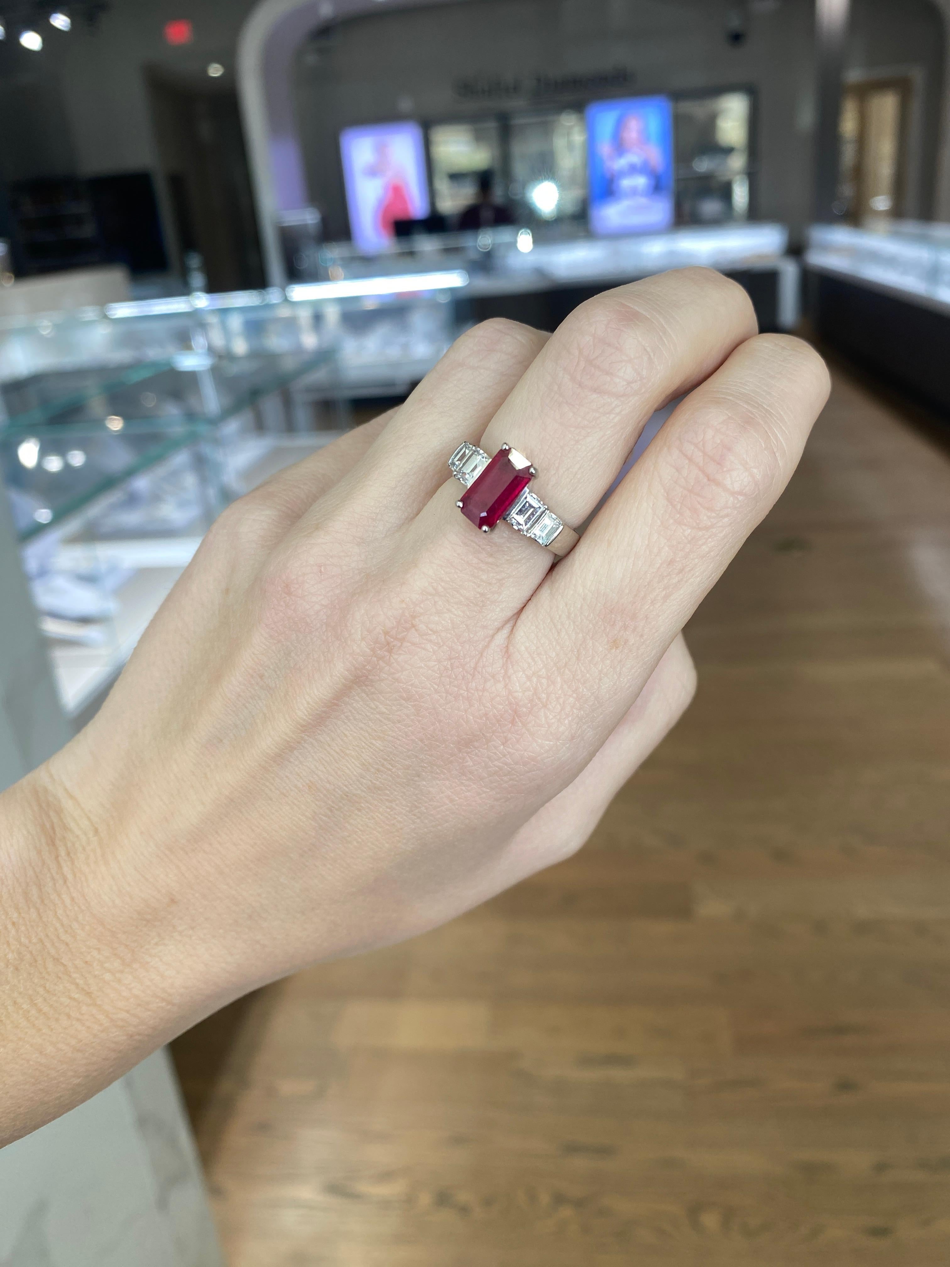 2.40ct Burma Emerald Cut Ruby with 1.30ctw in Emerald Cut Diamond Accents Ring For Sale 6