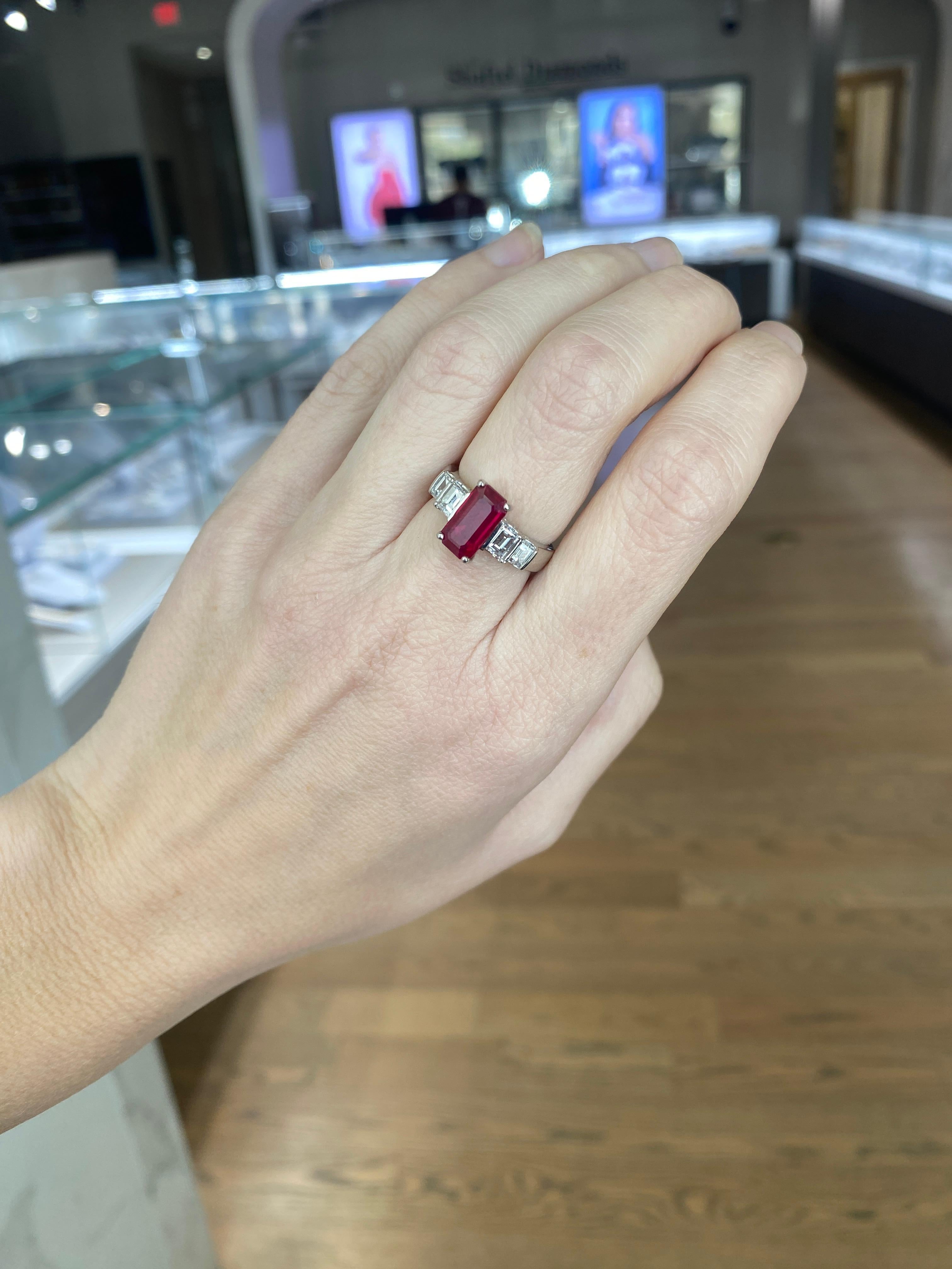 2.40ct Burma Emerald Cut Ruby with 1.30ctw in Emerald Cut Diamond Accents Ring For Sale 7