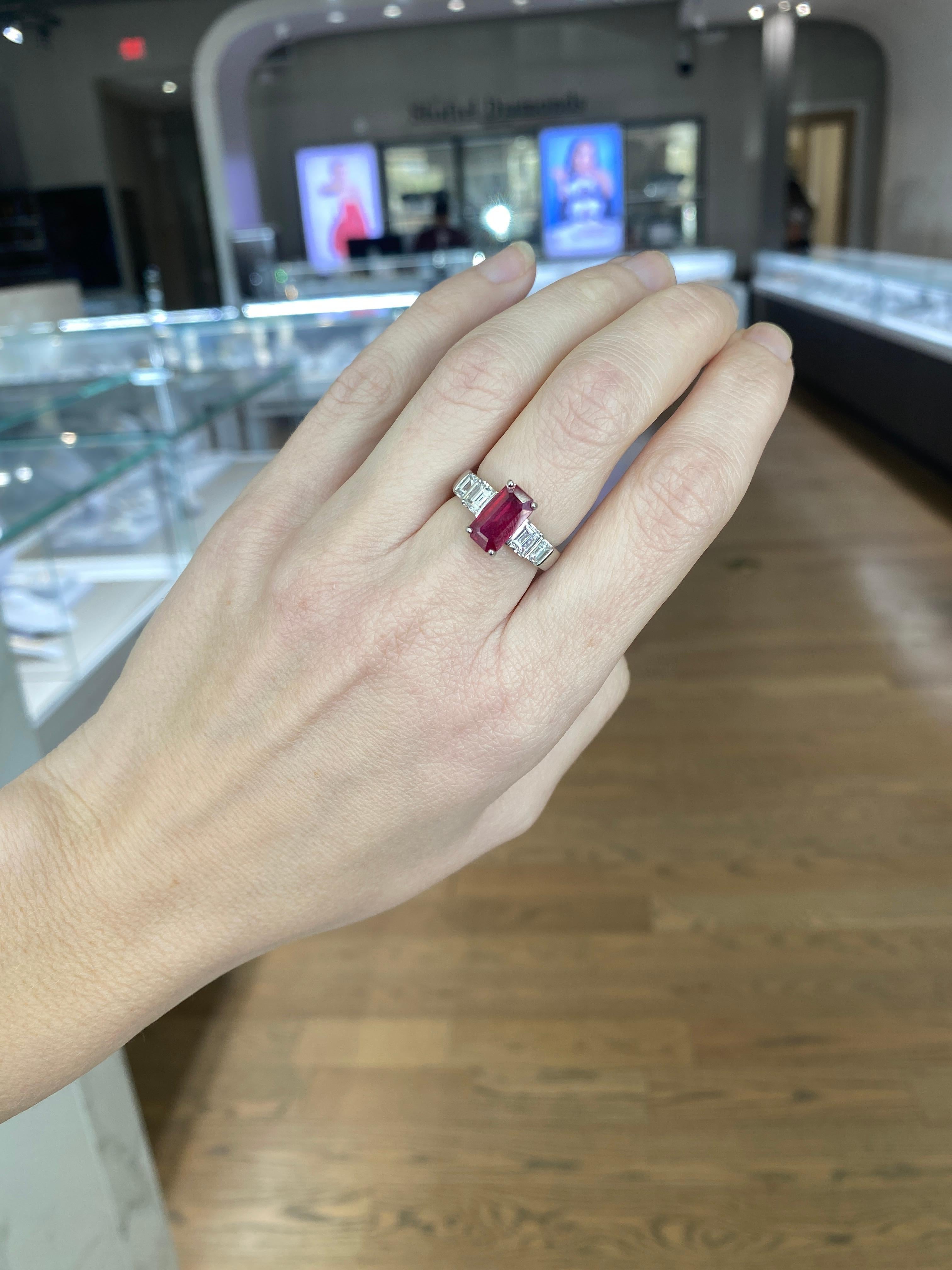2.40ct Burma Emerald Cut Ruby with 1.30ctw in Emerald Cut Diamond Accents Ring For Sale 9