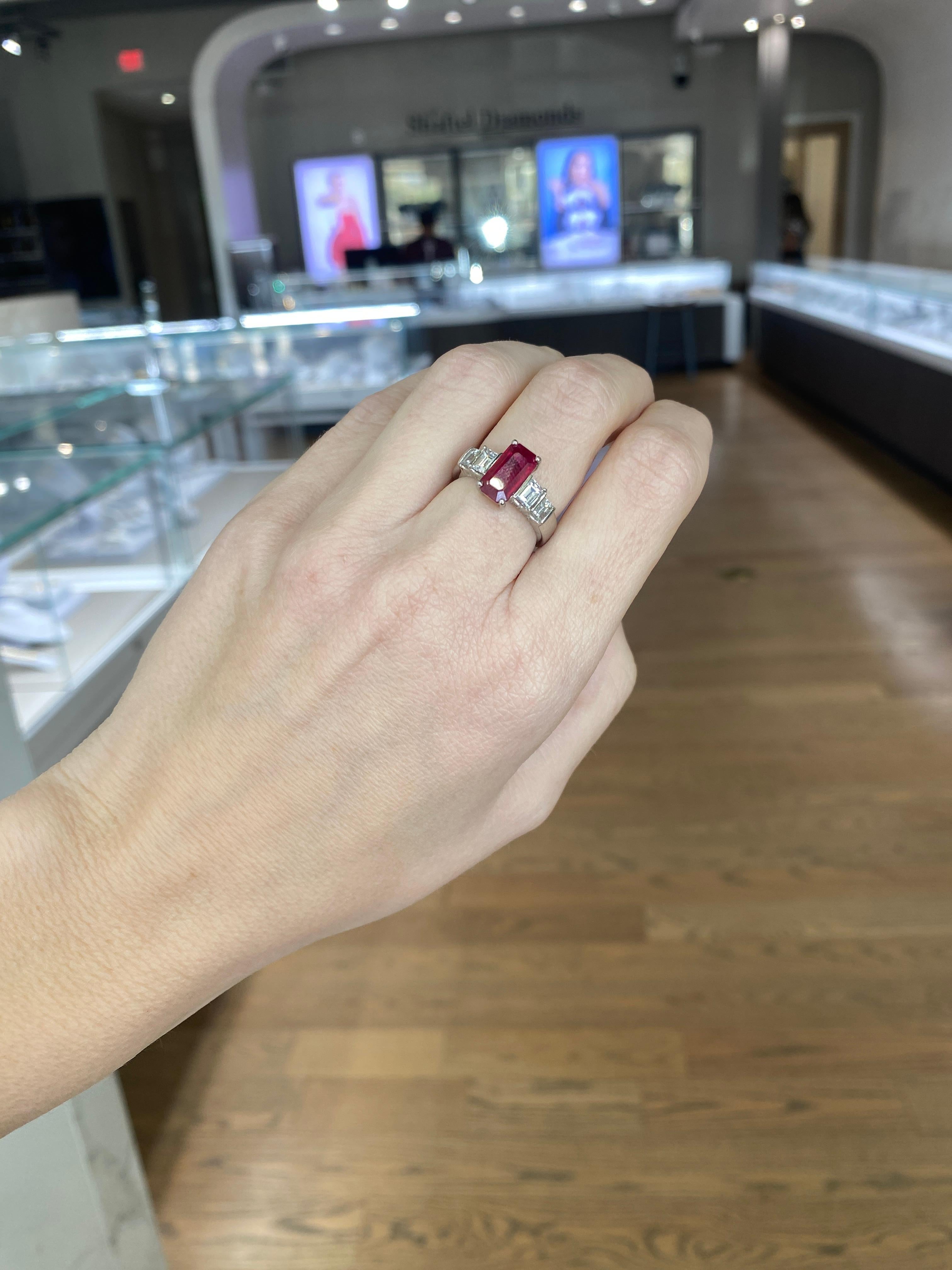 2.40ct Burma Emerald Cut Ruby with 1.30ctw in Emerald Cut Diamond Accents Ring For Sale 10
