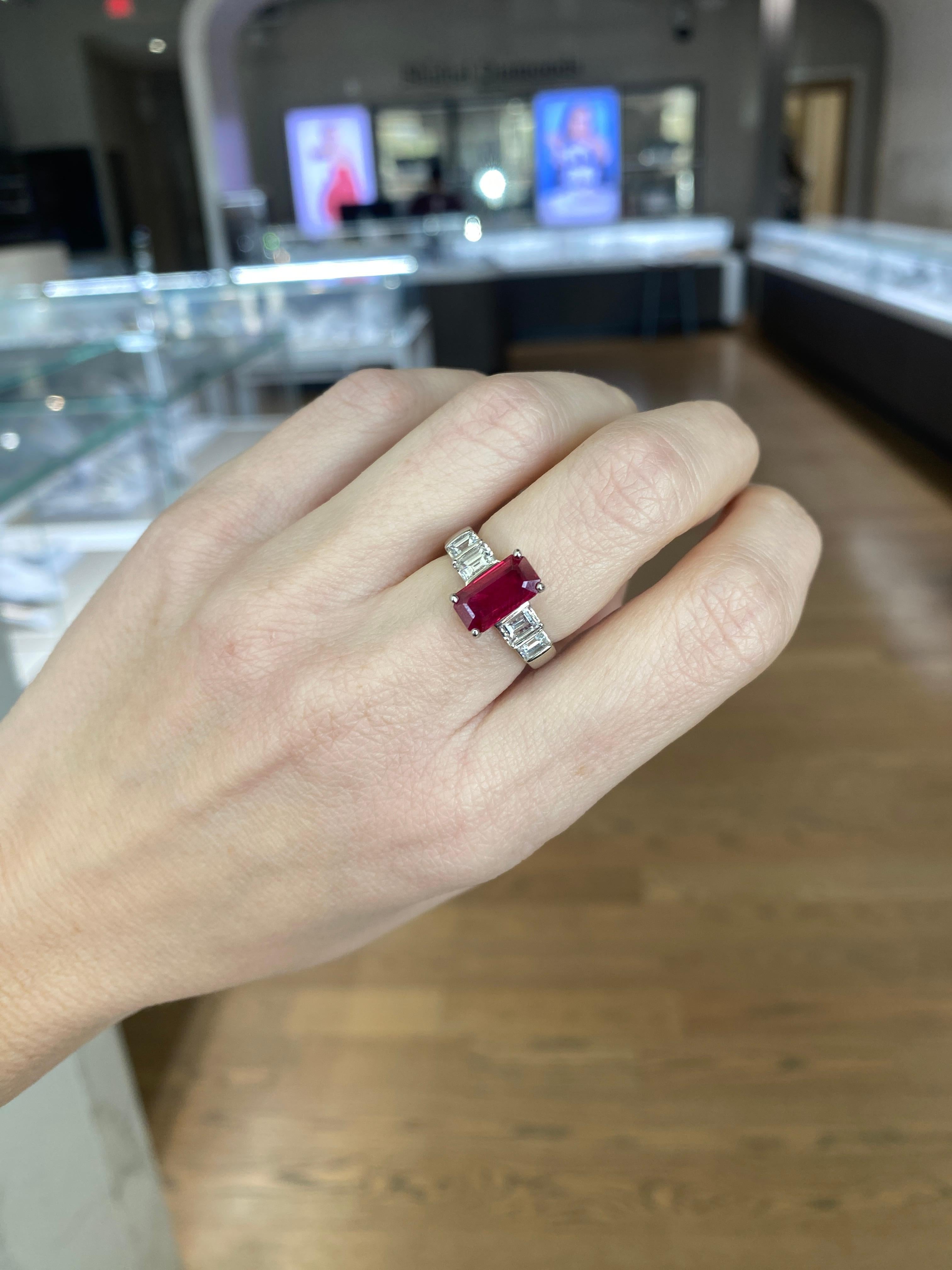 2.40ct Burma Emerald Cut Ruby with 1.30ctw in Emerald Cut Diamond Accents Ring For Sale 11