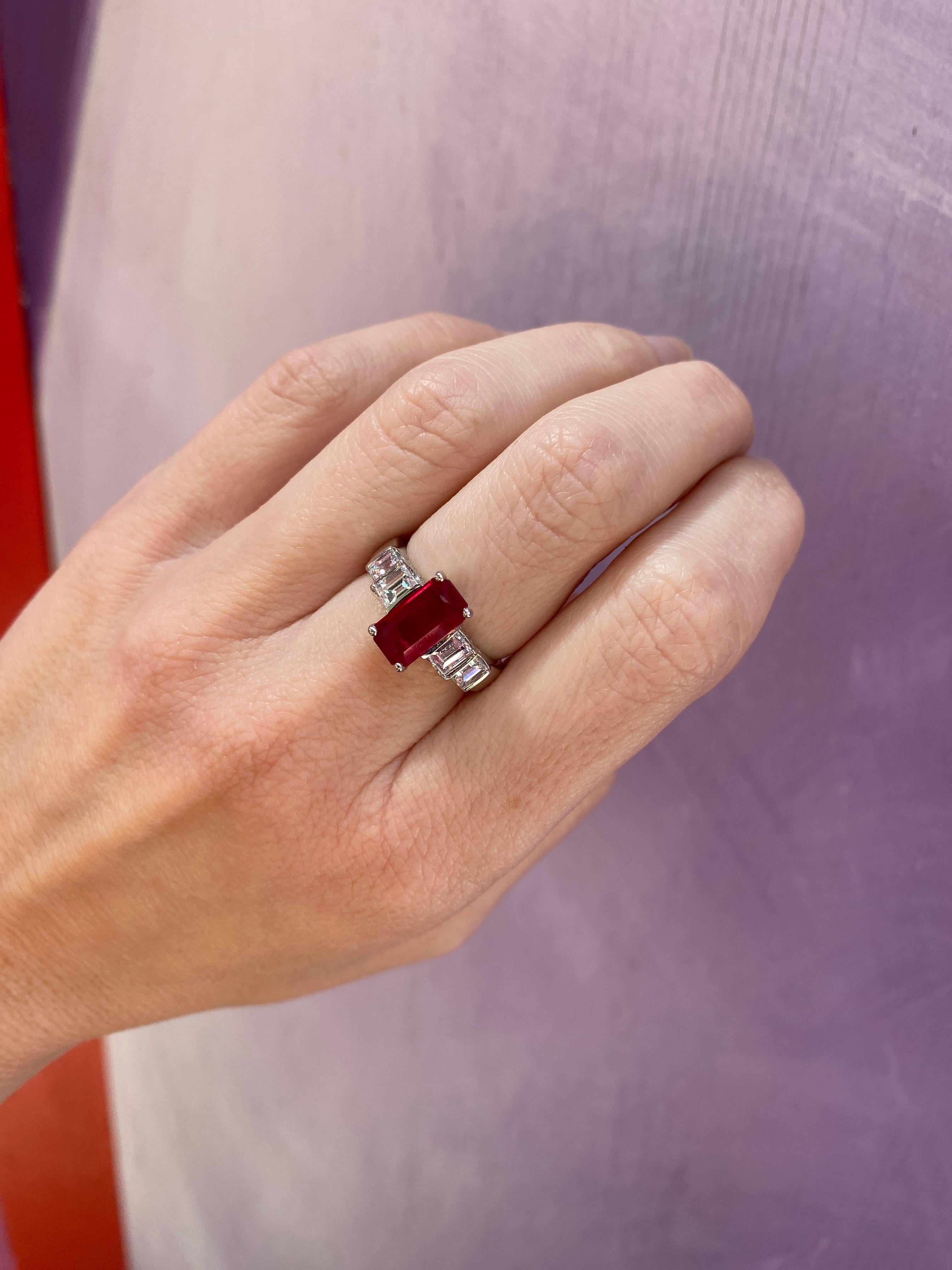 2.40ct Burma Emerald Cut Ruby with 1.30ctw in Emerald Cut Diamond Accents Ring For Sale 12