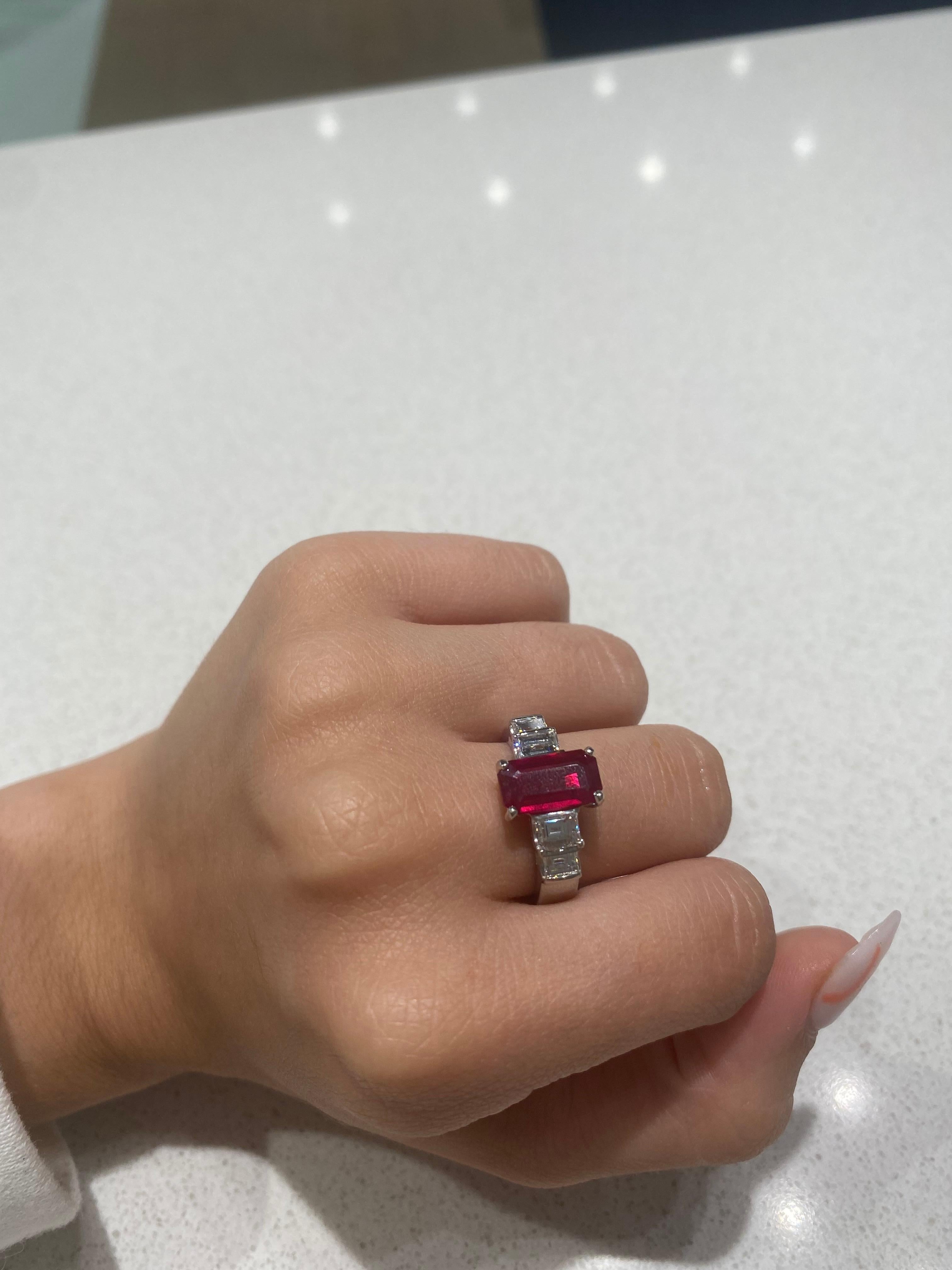 2.40ct Burma Emerald Cut Ruby with 1.30ctw in Emerald Cut Diamond Accents Ring For Sale 1