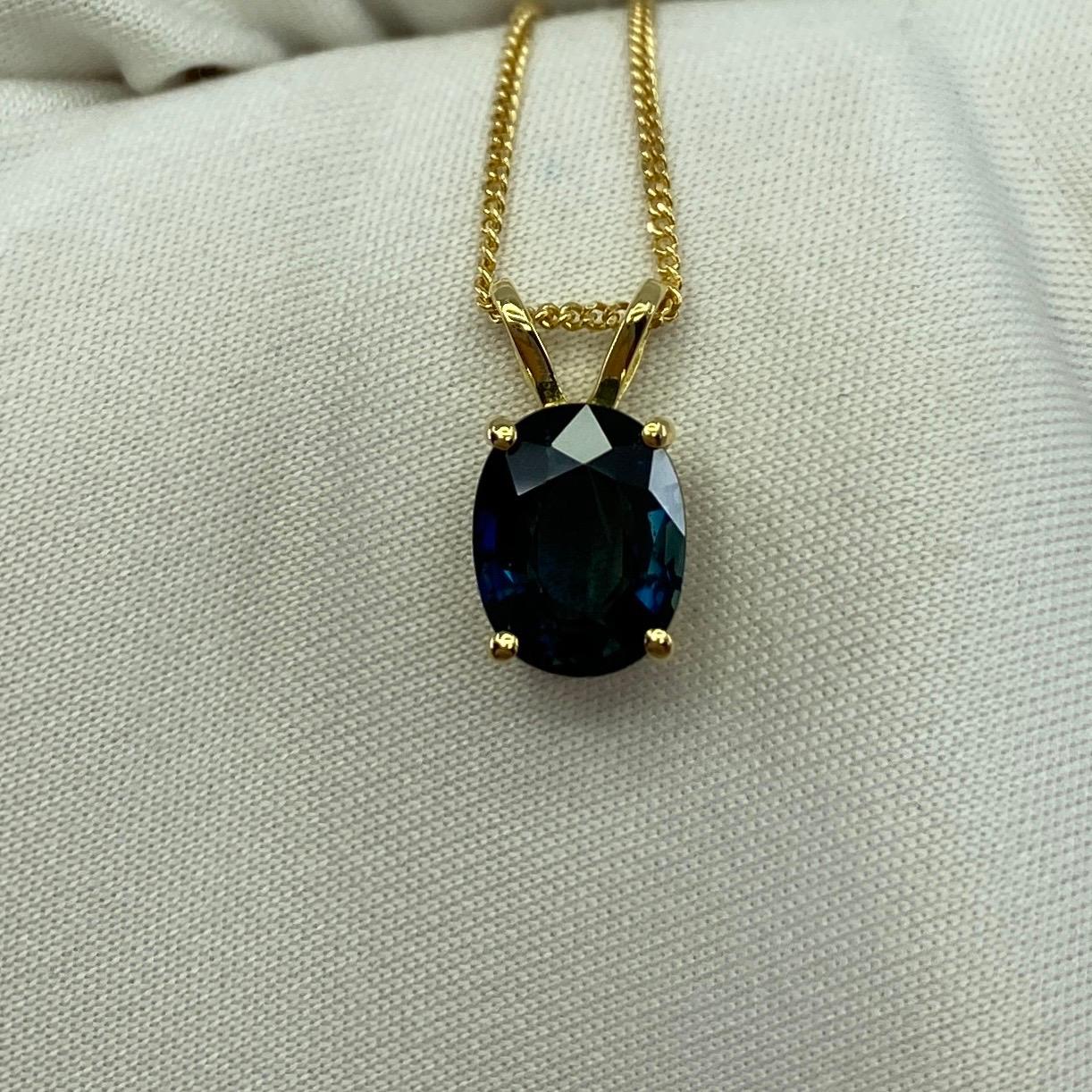 Fine Deep Green Blue Australian Sapphire 18k Yellow Gold Pendant.

2.40 Carat oval cut sapphire with a stunning deep green blue colour and very good clarity. A clean stone with only some small natural inclusions visible when looking closely. 

This