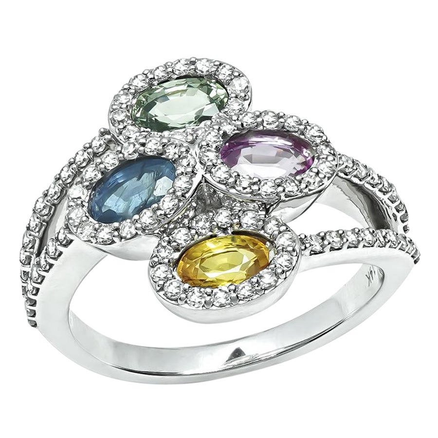 2.40ct Multi Color Sapphire 1.25ct Diamond Gold Ring im Angebot