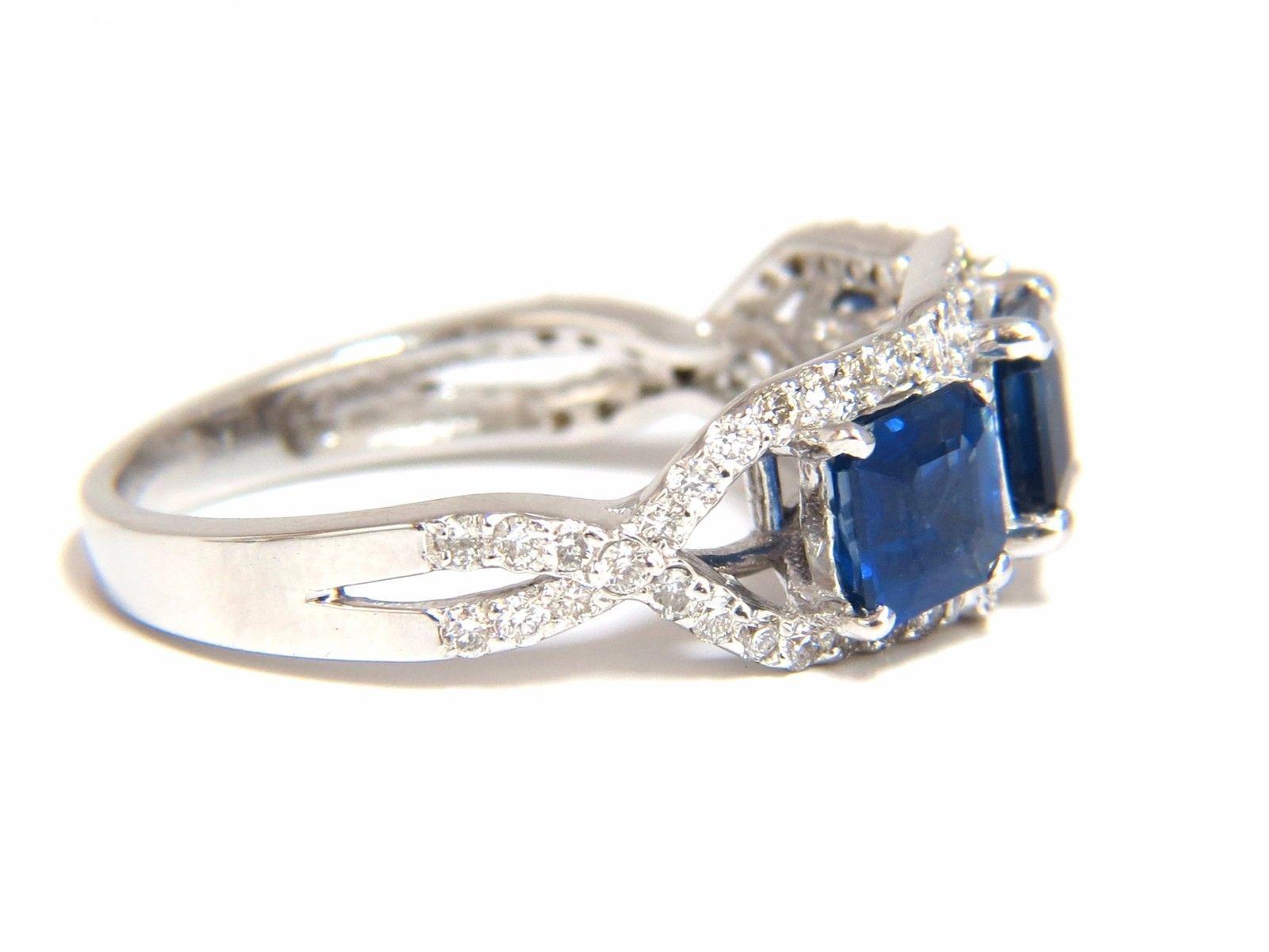 2.40Ct Natural Blue Sapphire Diamonds Ring 14Kt Classic Three Emerald Cuts 1
