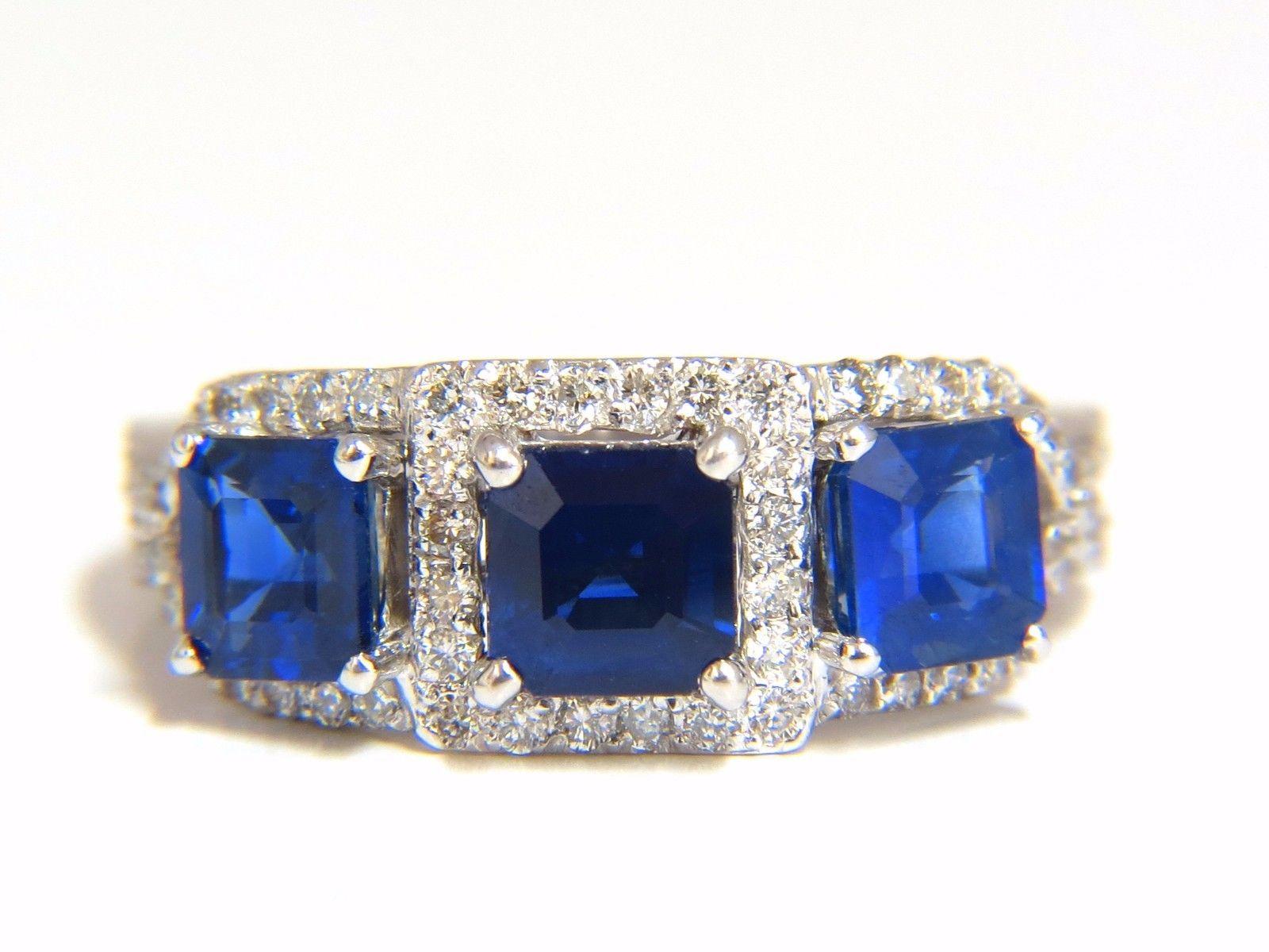 2.40Ct Natural Blue Sapphire Diamonds Ring 14Kt Classic Three Emerald Cuts 2