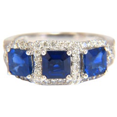 2.40Ct Natural Blue Sapphire Diamonds Ring 14Kt Classic Three Emerald Cuts