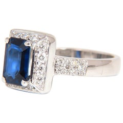 2.40CT Natural Emerald Cut Sapphire Diamonds Ring 18KT Intense Vivid Blue