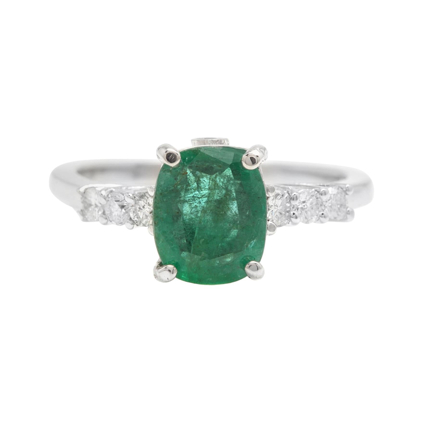 2.40ct Natural Emerald & Diamond 14k Solid White Gold Ring For Sale