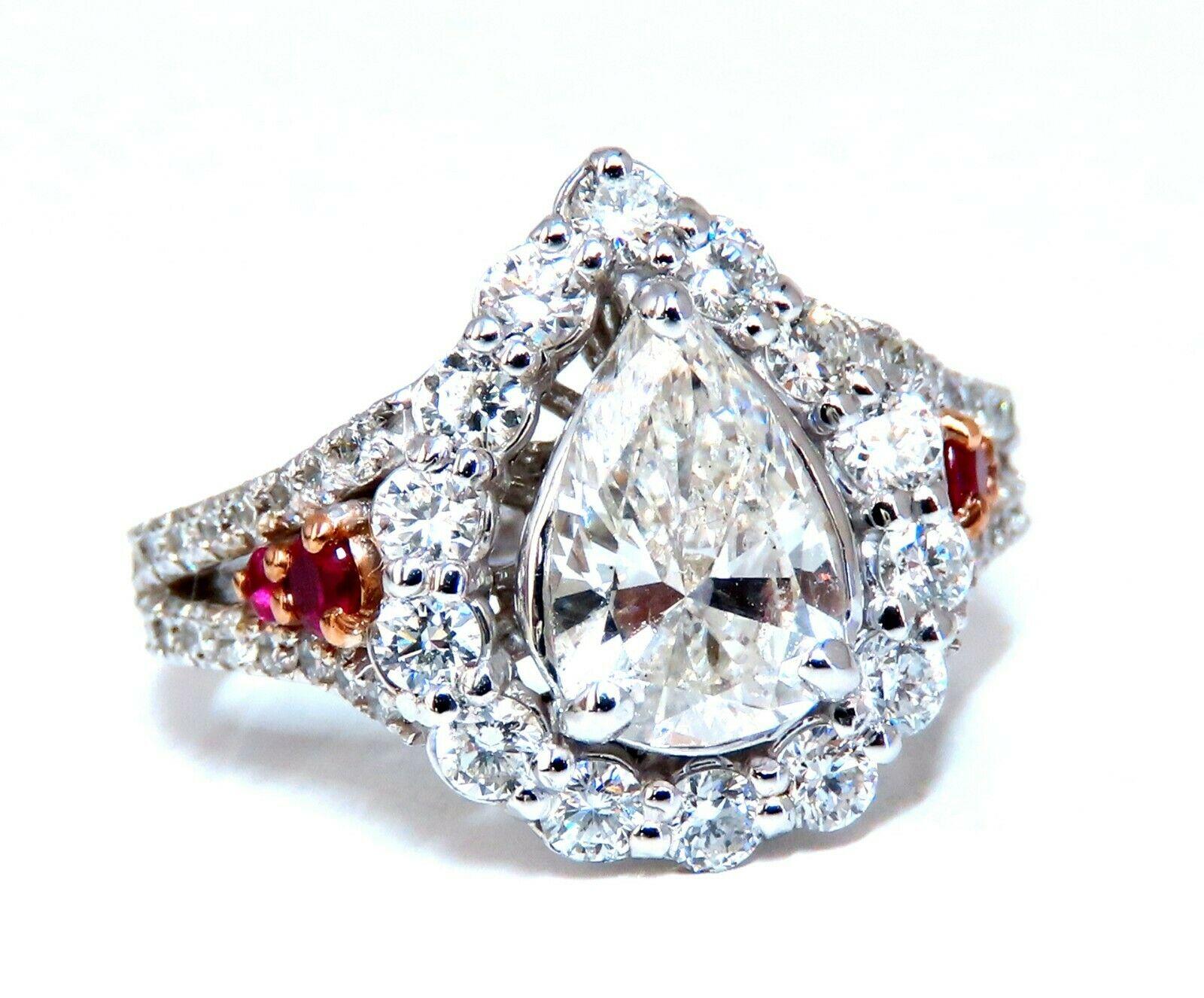 2.40 Carat Natural Pear Shaped Diamond Ruby Cocktail Halo Cluster Ring 14 Karat For Sale 1