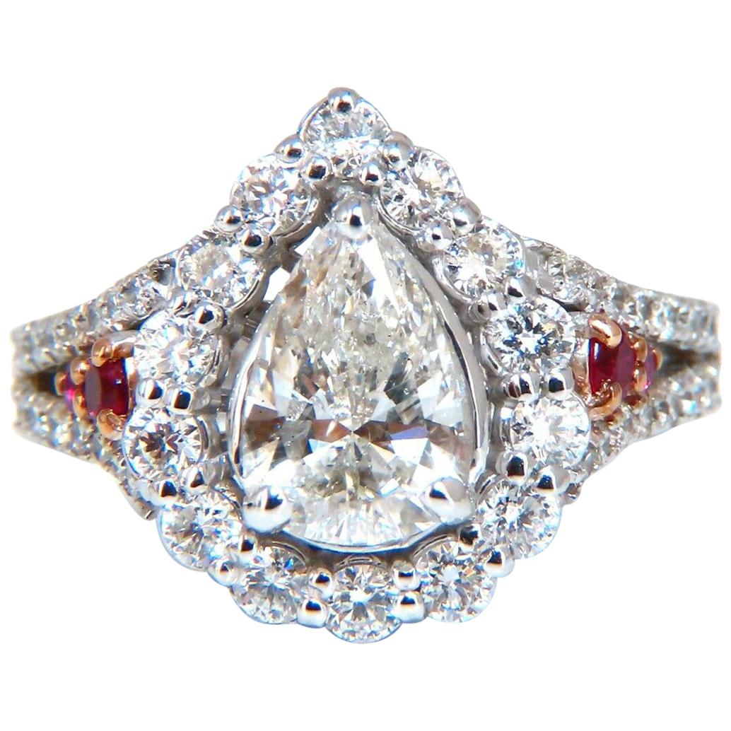 2.40 Carat Natural Pear Shaped Diamond Ruby Cocktail Halo Cluster Ring 14 Karat