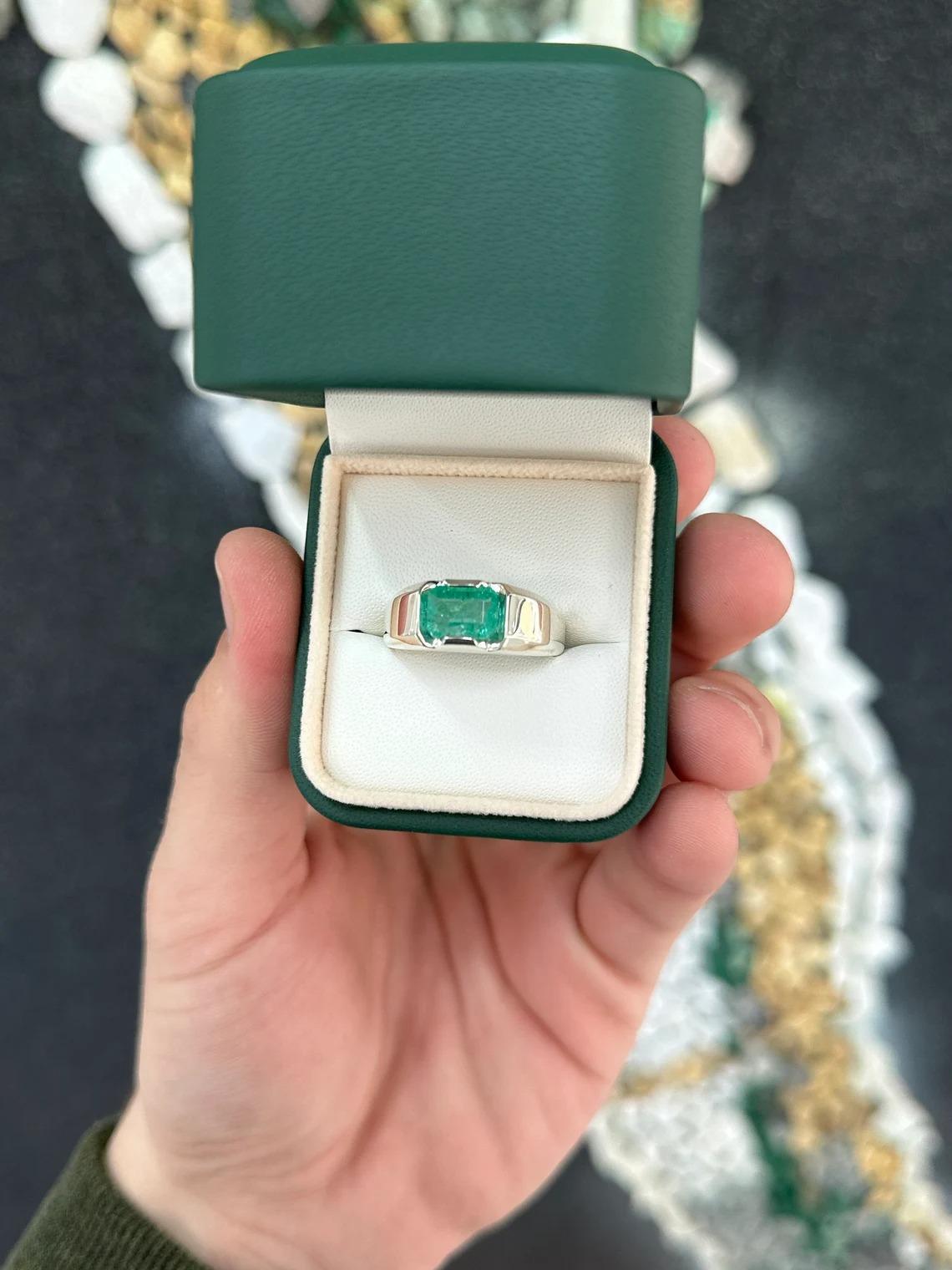2.40ct SS Men's Medium Rich Green Emerald Cut Emerald Solitaire East West Ring For Sale 2