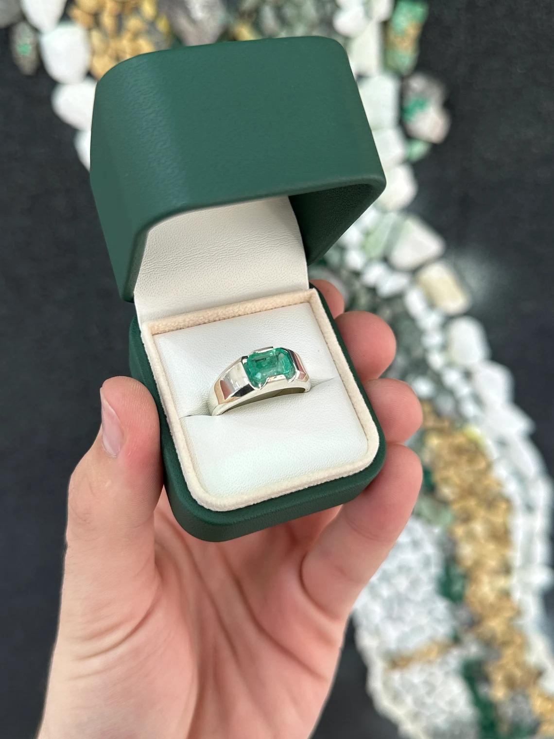 2.40ct SS Men's Medium Rich Green Emerald Cut Emerald Solitaire East West Ring For Sale 3
