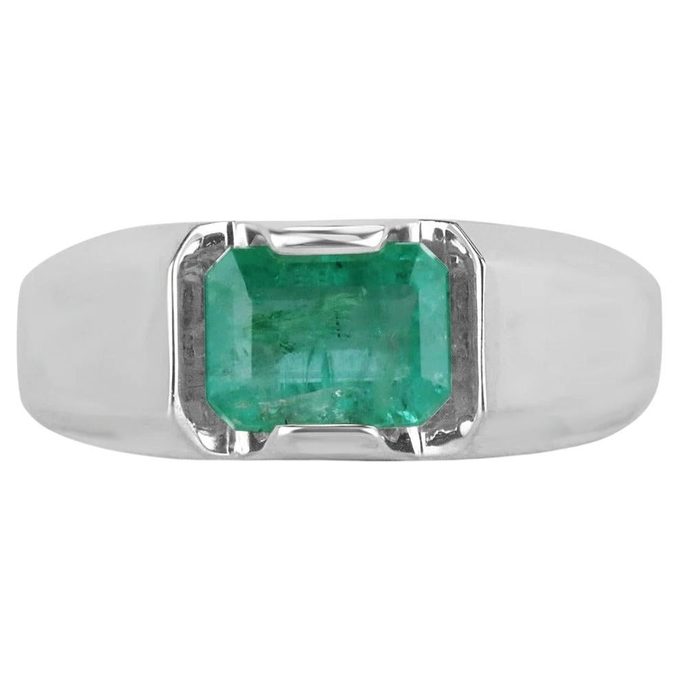 2.40ct SS Men's Medium Rich Green Emerald Cut Emerald Solitaire East West Ring For Sale