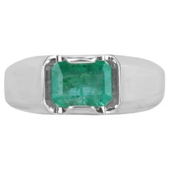2.40ct SS Homme Medium Rich Green Emerald Cut Emerald Solitaire East West Ring