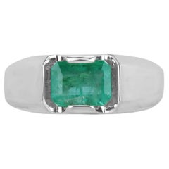 2.40ct SS Men's Medium Rich Green Emerald Cut Emerald Solitaire East West Ring