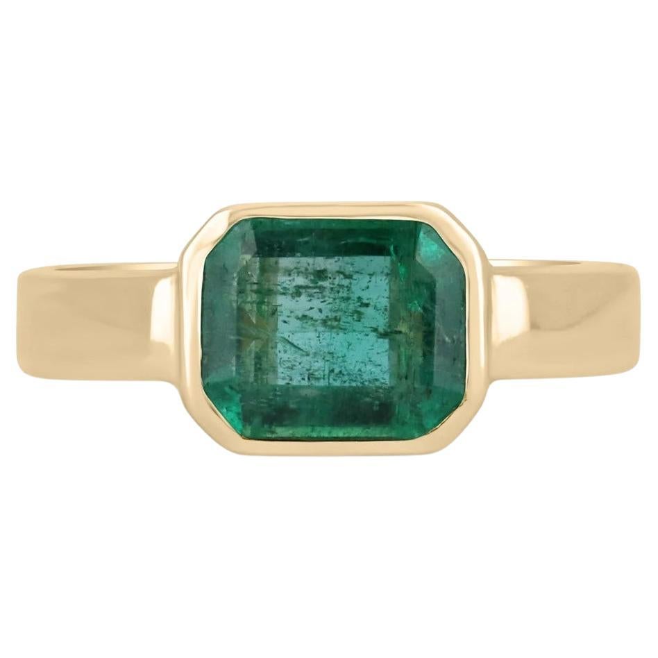 2.40cts 14K Natural Emerald-Emerald Cut Bezel Set Solitaire Right Hand Ring For Sale