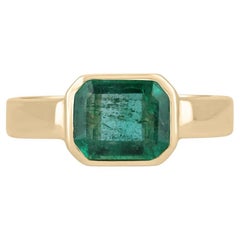 2.40cts 14K Natural Emerald-Emerald Cut Bezel Set Solitaire Right Hand Ring