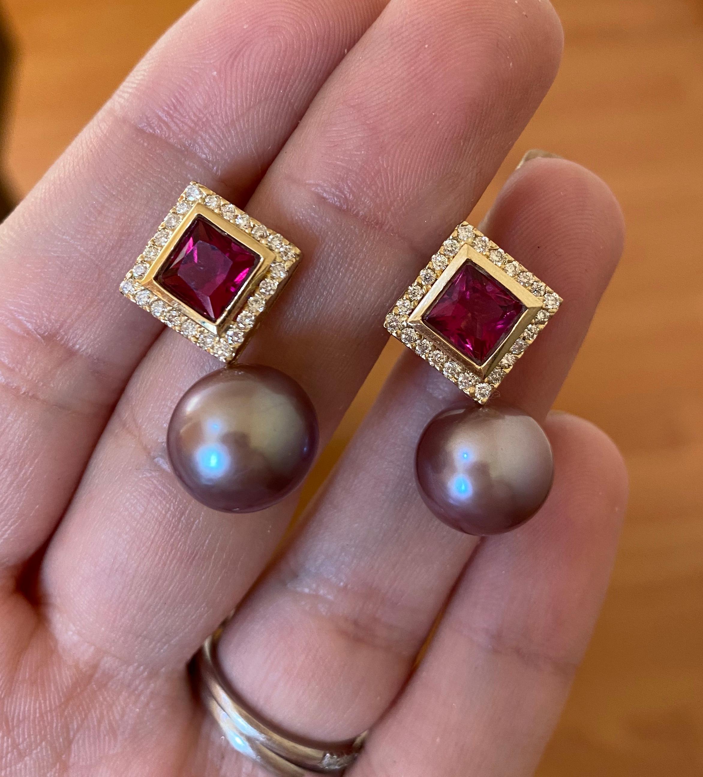 Princess Cut 2.40cts Rubellite diamond lilac pearl earrings, 18K gold, by Michelle Massoura For Sale