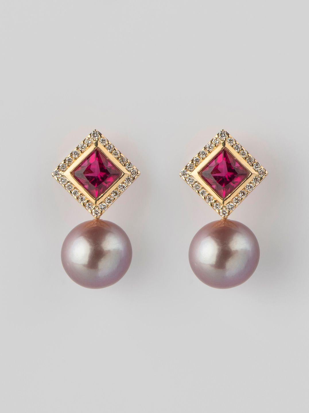 Princess Cut 2.40cts Rubellite diamond lilac pearl earrings, 18K gold, by Michelle Massoura For Sale