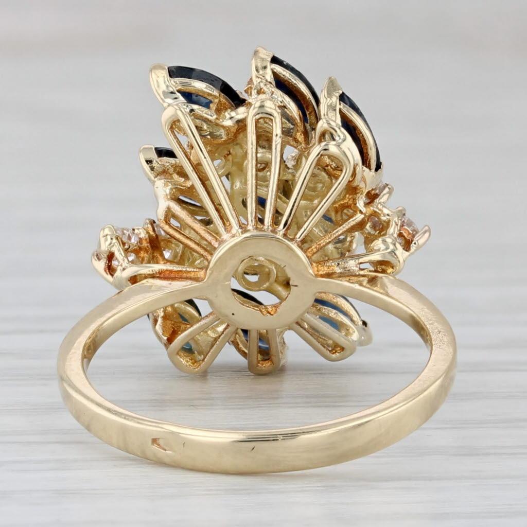 Marquise Cut 2.40ctw Blue Sapphire Diamond Ring 14k Yellow Gold Size 6.5 Cocktail For Sale