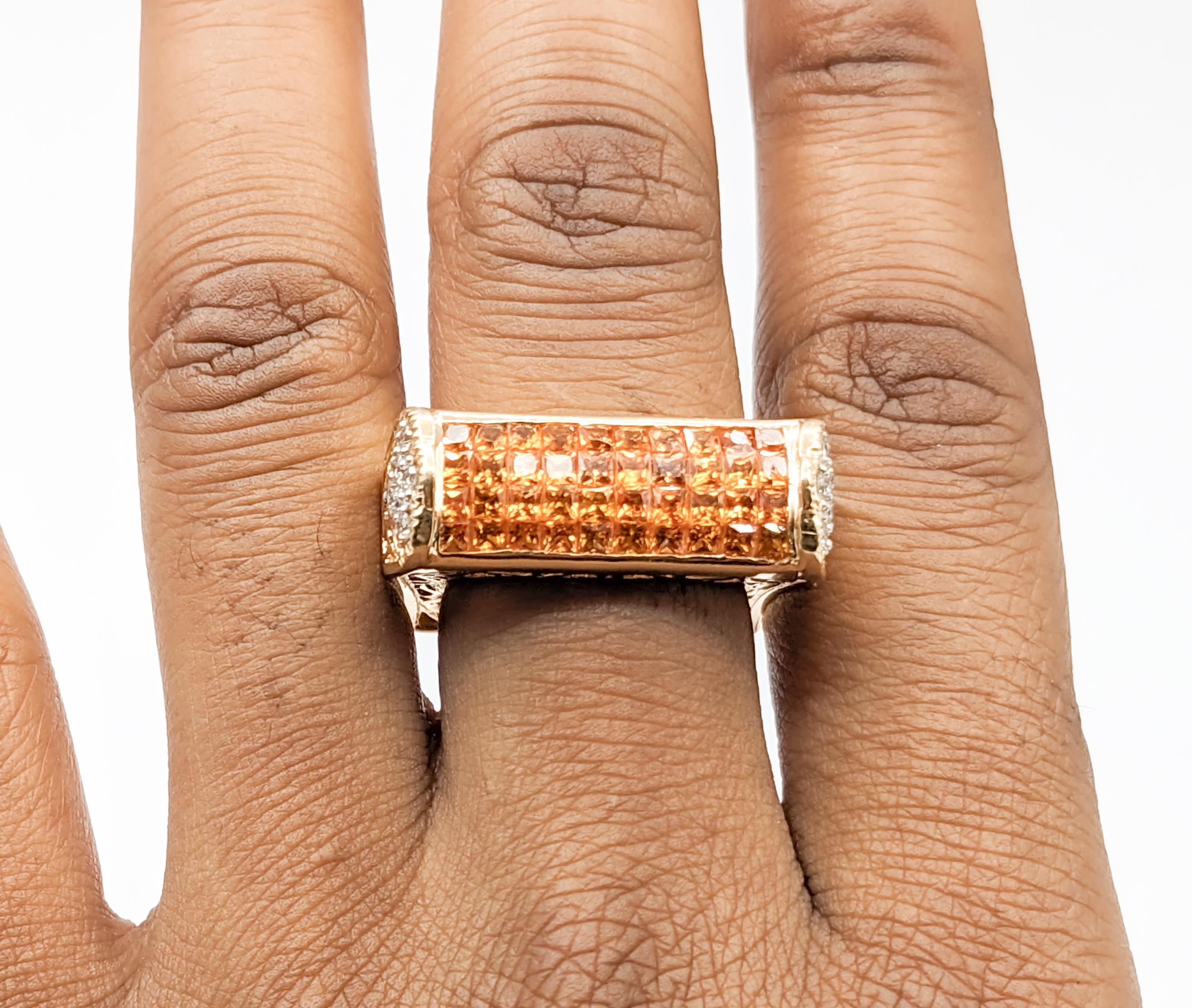 Contemporary 2.40ctw Orange Sapphires & .20ctw Diamond Ring In Yellow Gold For Sale