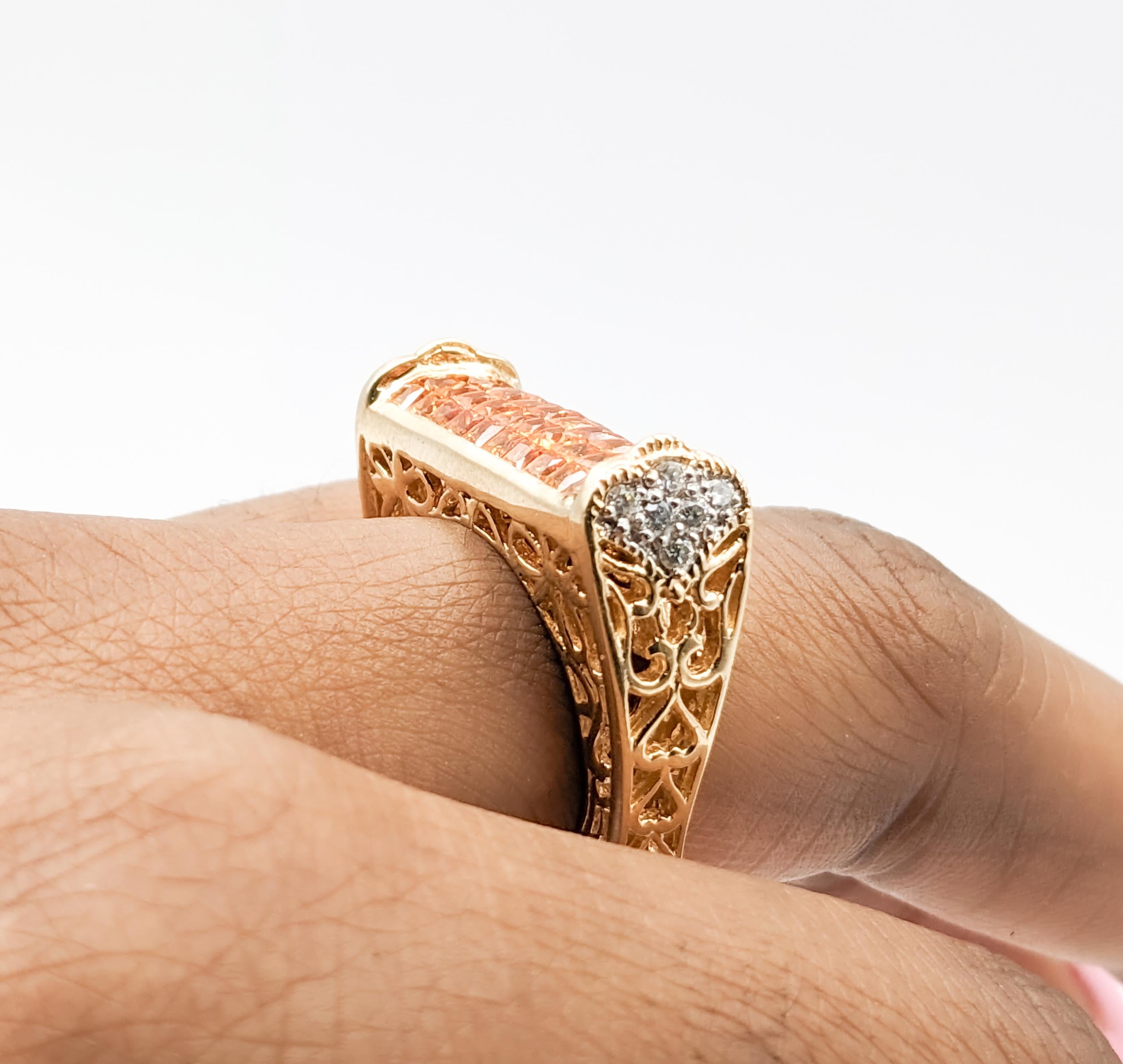 Princess Cut 2.40ctw Orange Sapphires & .20ctw Diamond Ring In Yellow Gold For Sale