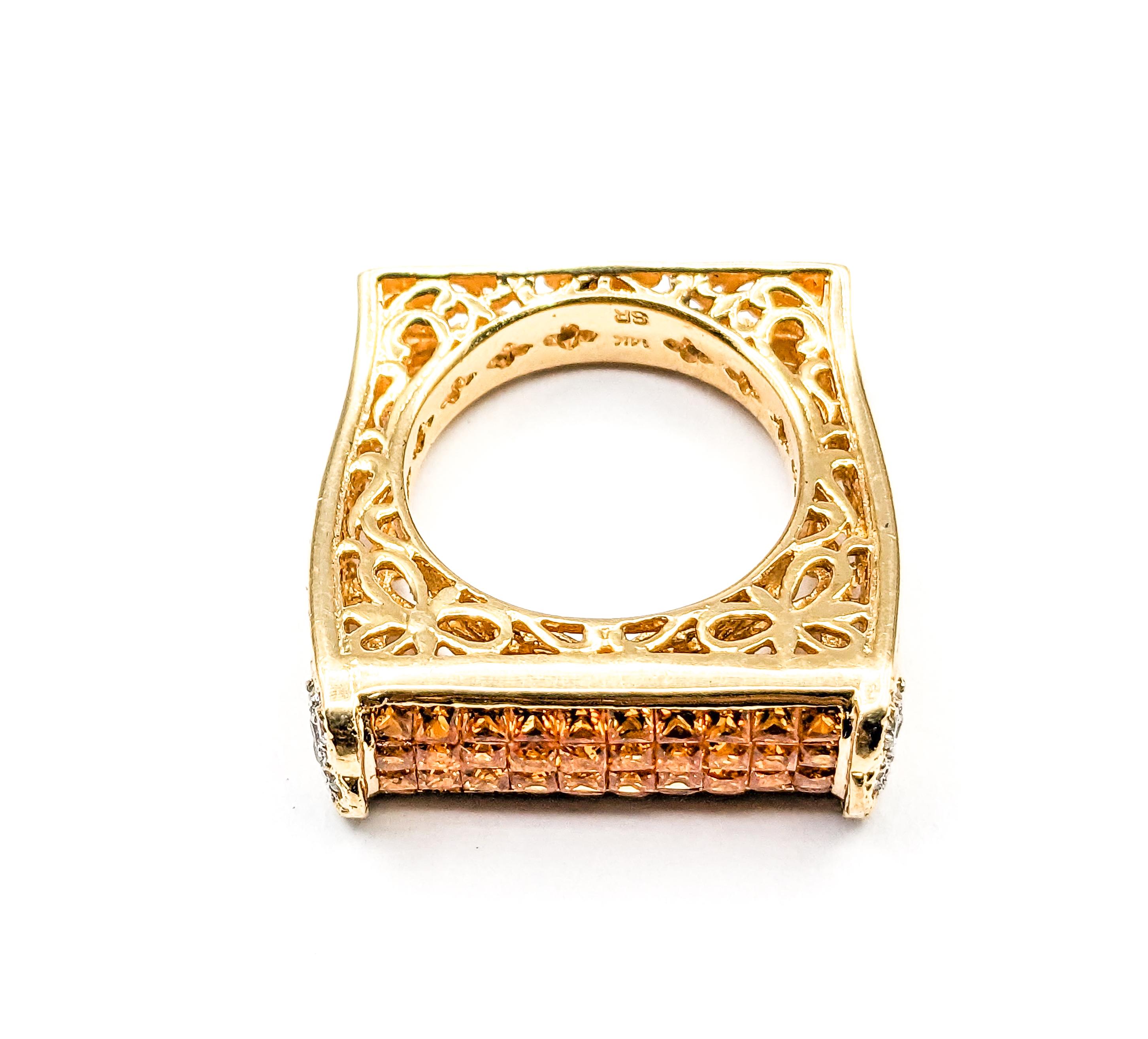 Women's 2.40ctw Orange Sapphires & .20ctw Diamond Ring In Yellow Gold For Sale