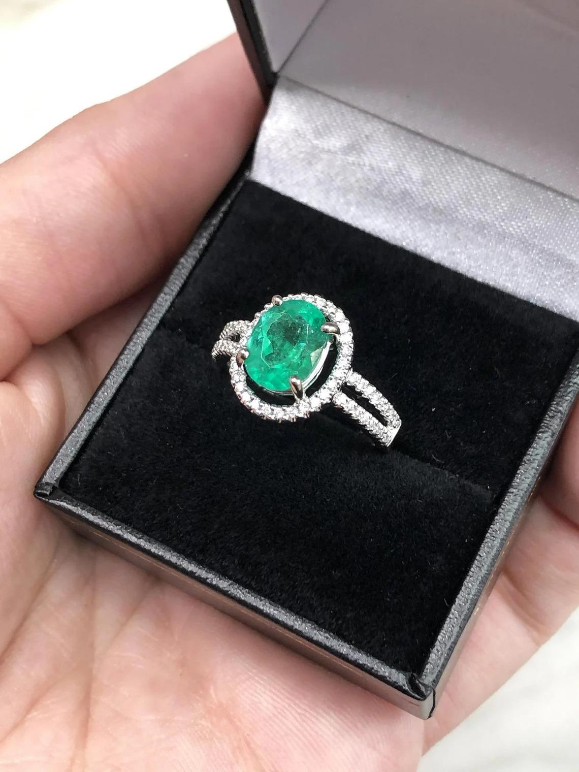 For Sale:  2.40tcw 14K Colombian Emerald Oval Cut& Diamond Halo Split Shank Engagement Ring 10
