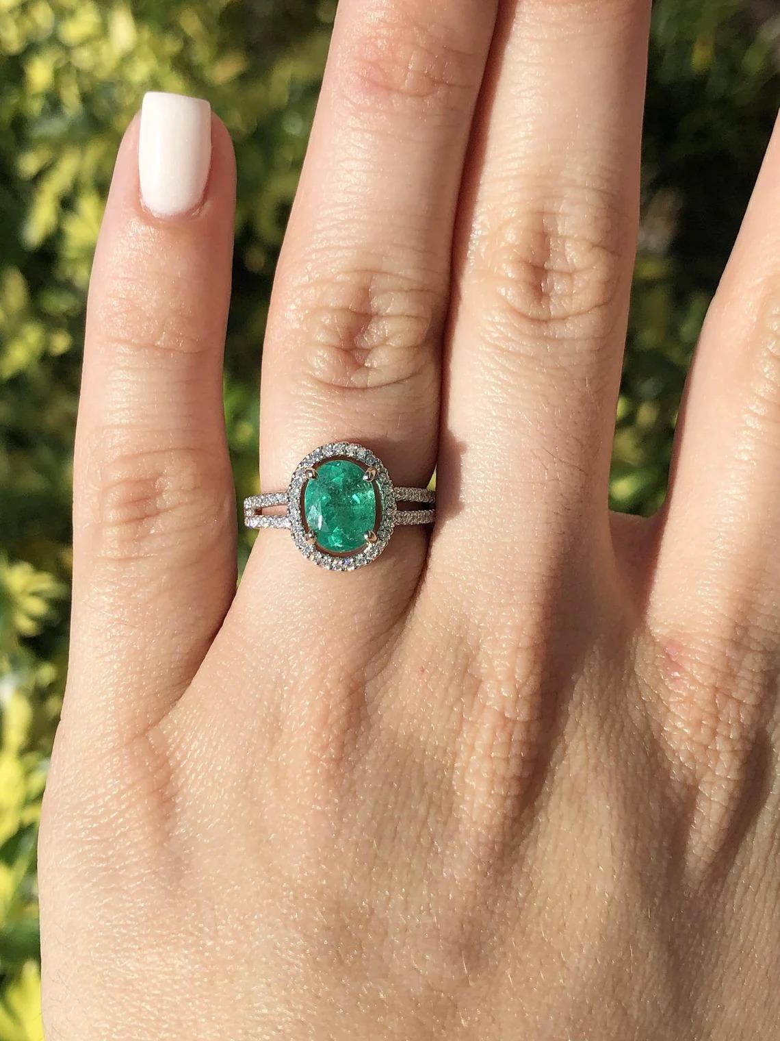 For Sale:  2.40tcw 14K Colombian Emerald Oval Cut& Diamond Halo Split Shank Engagement Ring 3