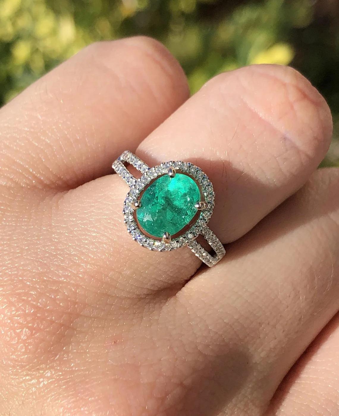 For Sale:  2.40tcw 14K Colombian Emerald Oval Cut& Diamond Halo Split Shank Engagement Ring 5