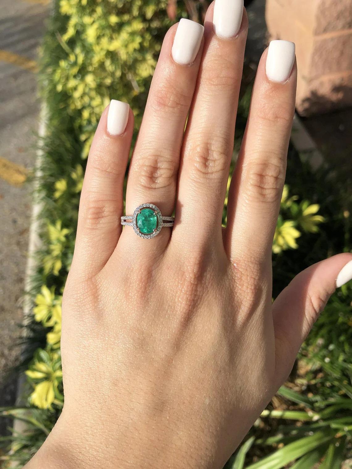 For Sale:  2.40tcw 14K Colombian Emerald Oval Cut& Diamond Halo Split Shank Engagement Ring 7